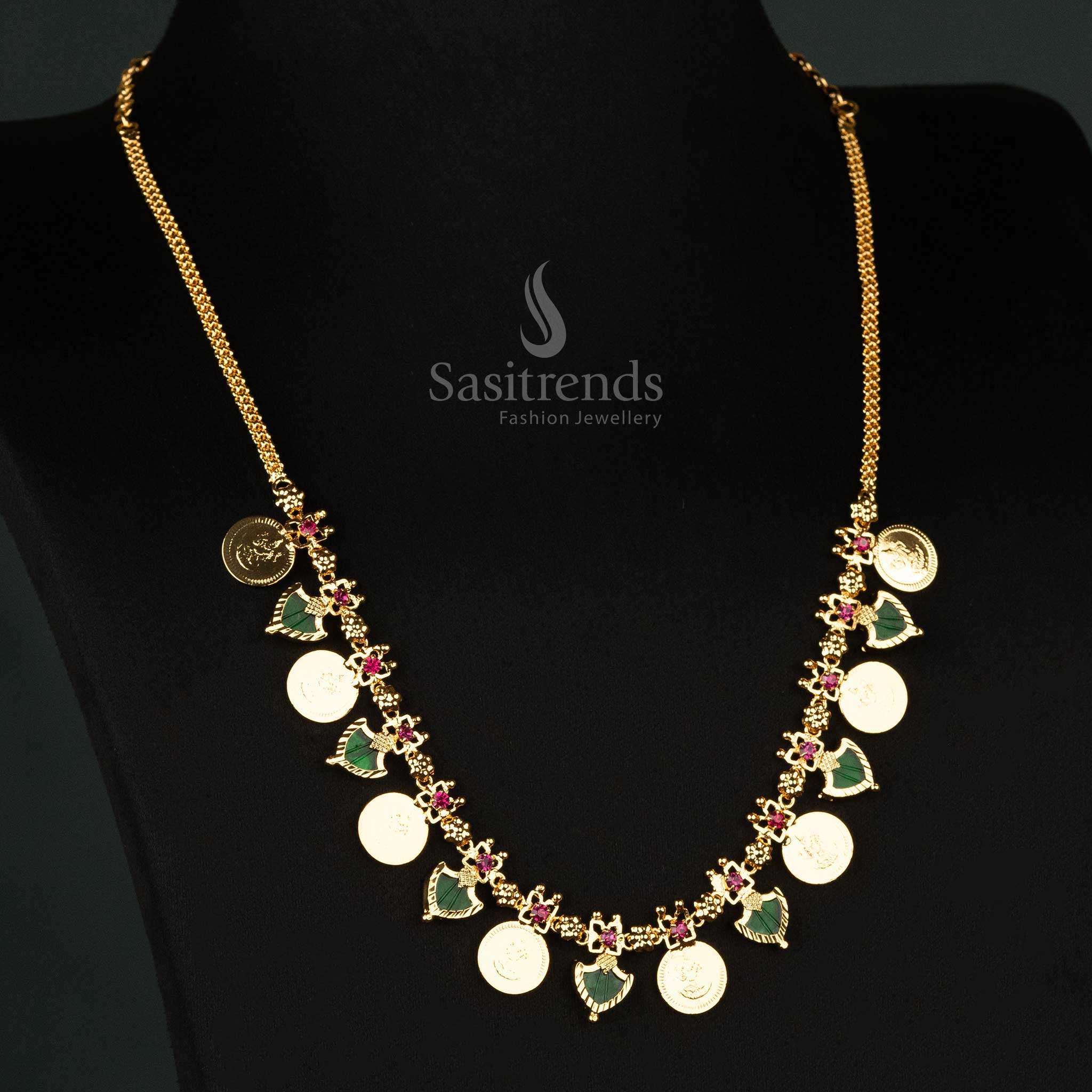 Kerala-Style One Gram Micro Gold Plated 8 Lakshmi Coin with 7 Katta Palakka Necklace – Traditional & Festive Wear - Sasitrends