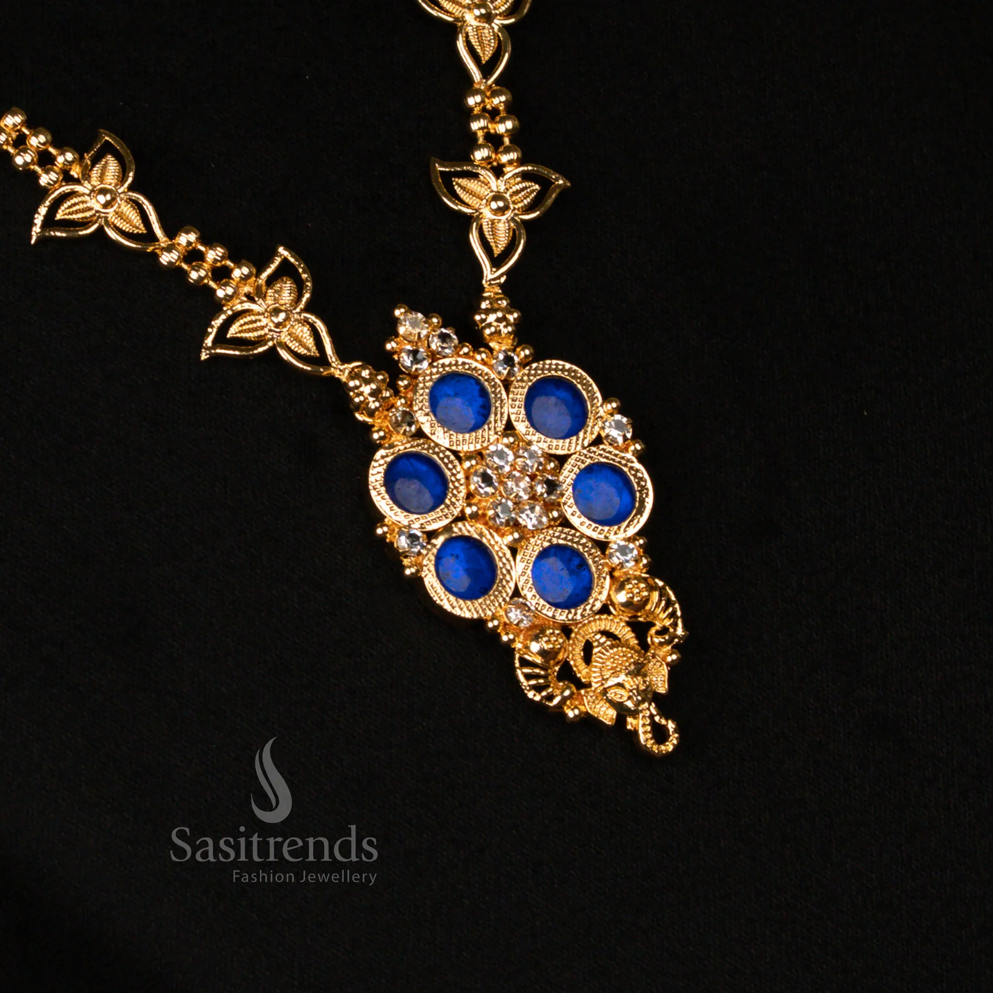 Kerala-Style One Gram Micro Gold Plated Designer Floral and Round Pendant Palakka Necklace with Vinayagar Motif, AD Stones & Beads - Sasitrends - Image 4