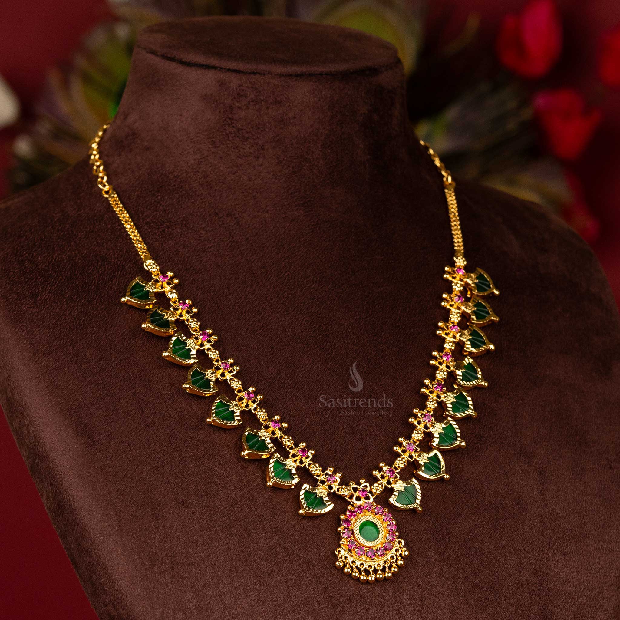 Kerala Traditional Palakka Necklace with Micro Gold Plating & Green/Pink Palakka Stones - Image 4