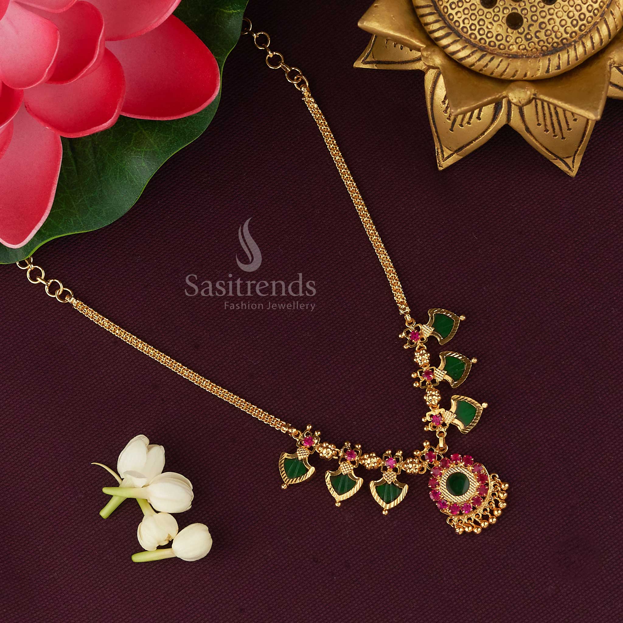 Kerala Traditional Palakka Necklace with Micro Gold Plating & Green/Pink Palakka Stones - Image 6