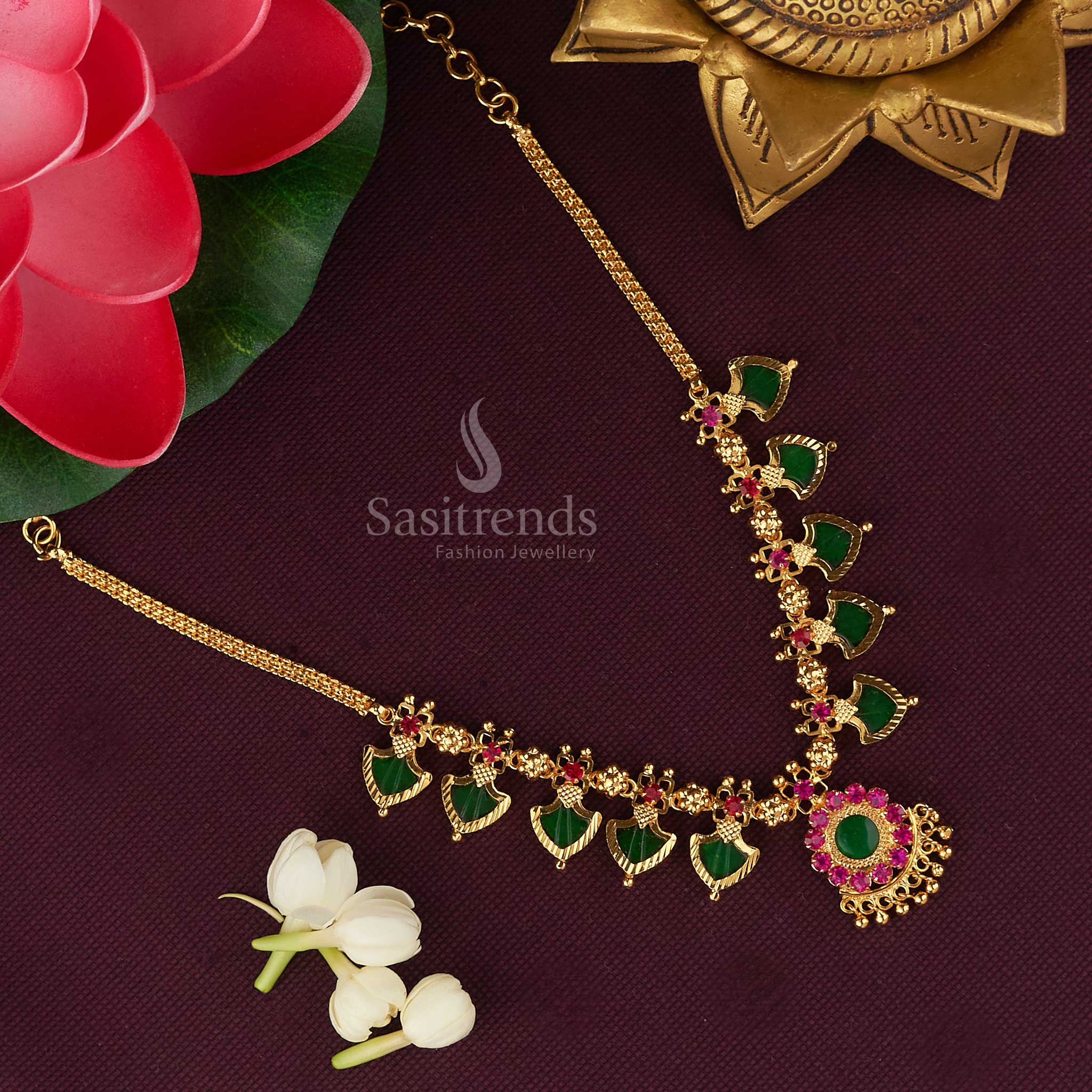 Kerala Traditional Palakka Necklace with Micro Gold Plating & Green/Pink Palakka Stones - Image 9