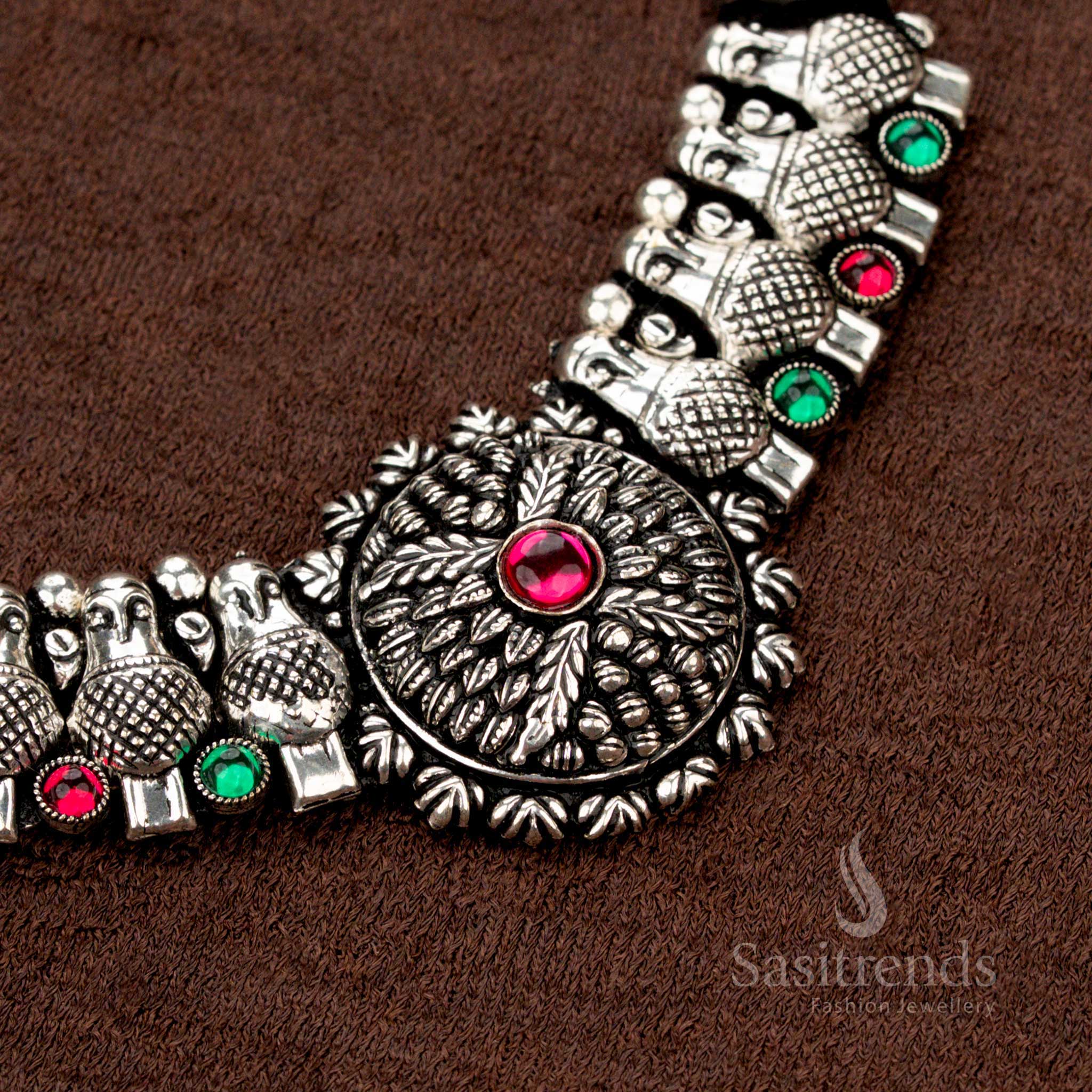 Kolapuri Oxidised Choker Necklace Jewellery Set with Parrot Motif and Floral Center Design – Perfect for Saree Styling and Navarathri - Sasitrends - Image 2