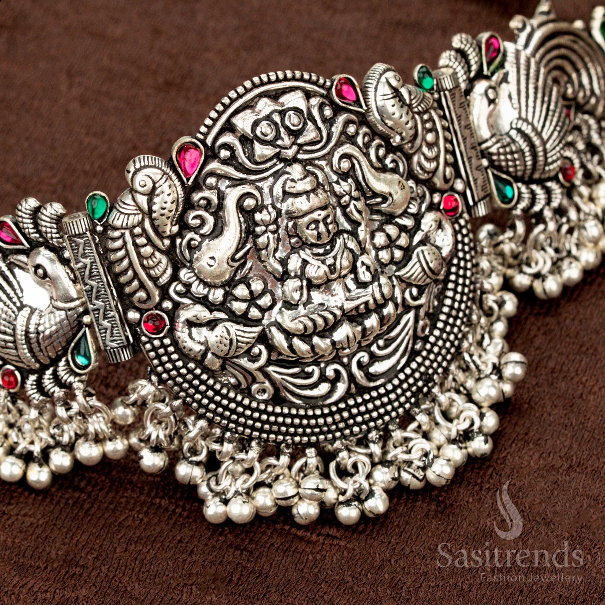 Beautiful Kolapuri Oxidised Big Choker Necklace Jewellery Set with Lakshmi Motif and Hanging Beads – Traditional Wear - Sasitrends - Image 3