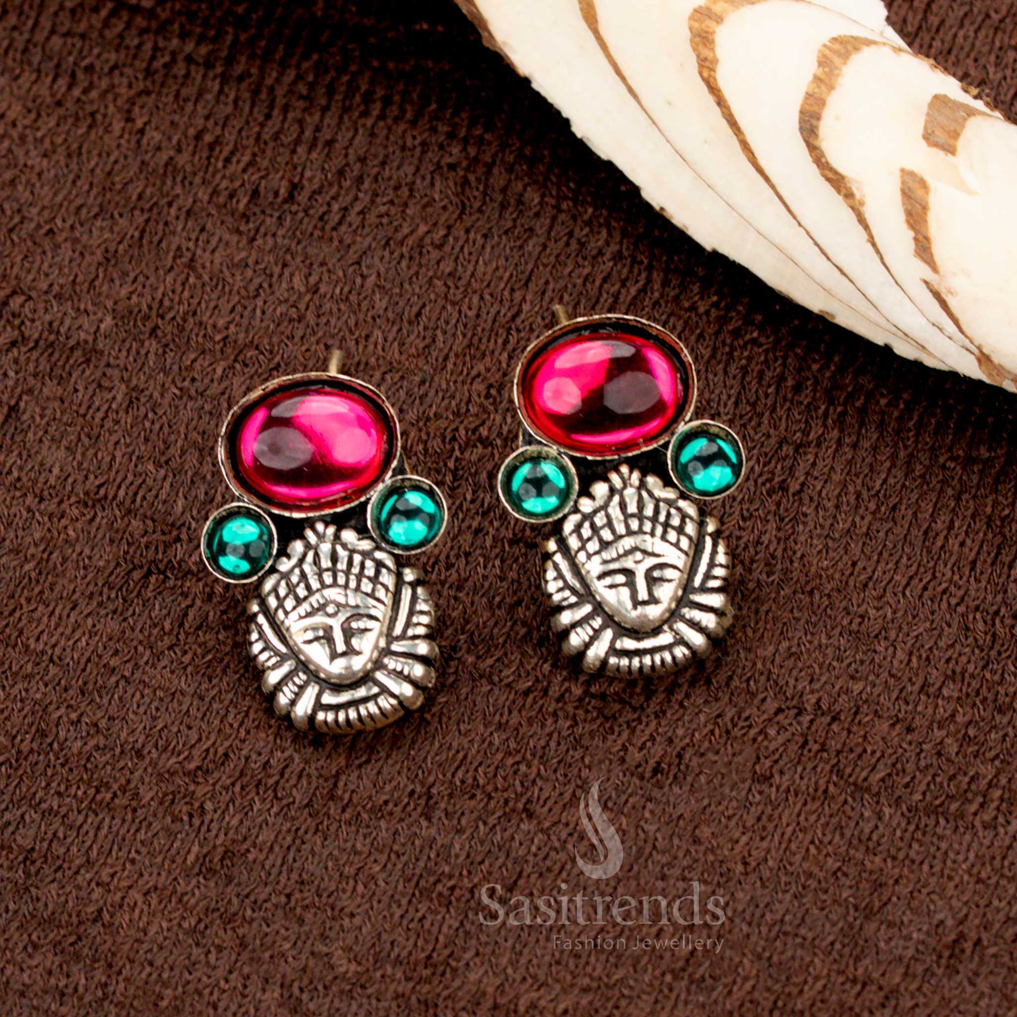 Kolapuri Oxidised Antique Choker Necklace Jewellery Set with Temple Face Motifs and Beaded Edging – Navarathri & Festive Wear - Sasitrends - Image 3