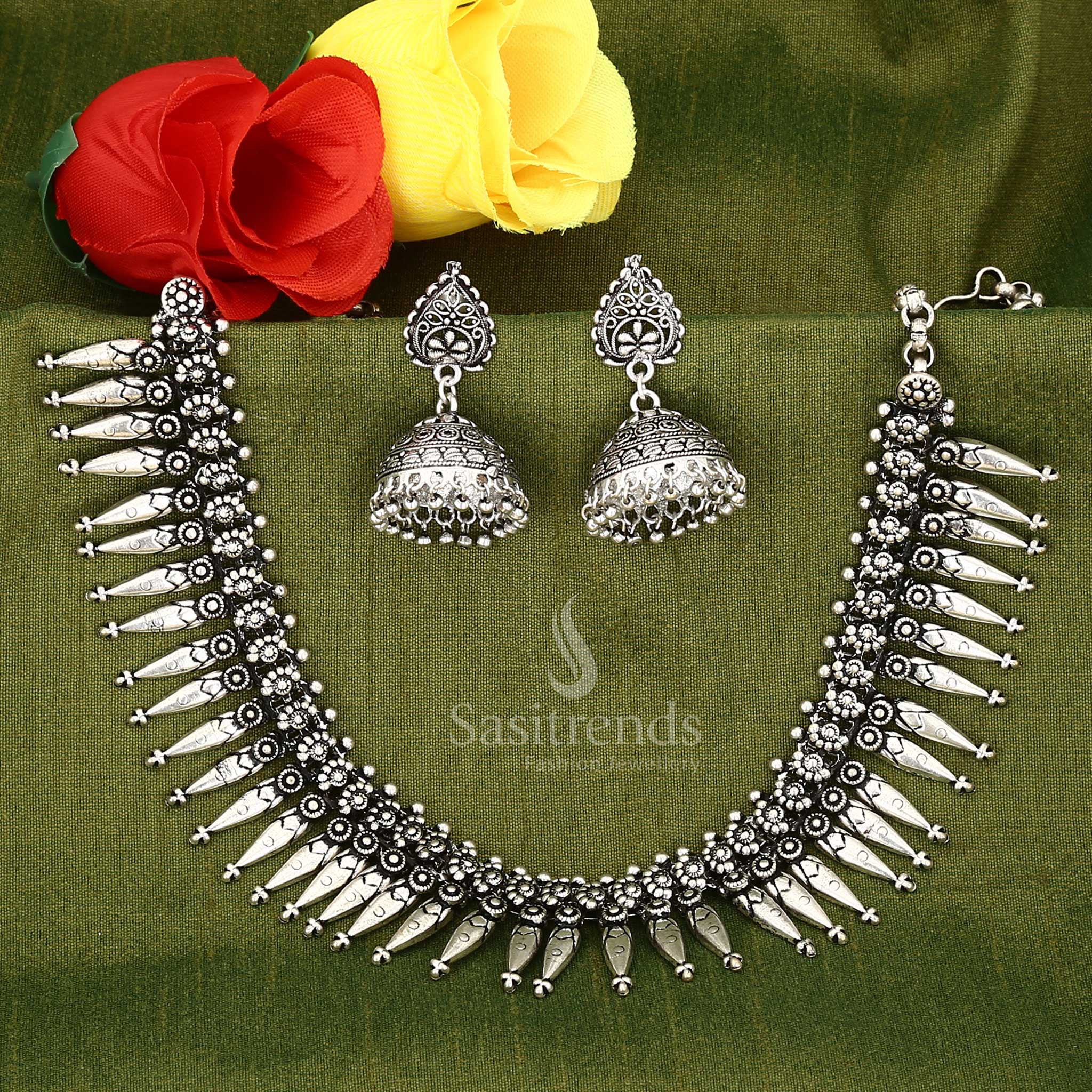 Kolhapuri-Inspired Oxidised Silver Necklace Jewellery Set - Sasitrends Ethnic Series - Image 3