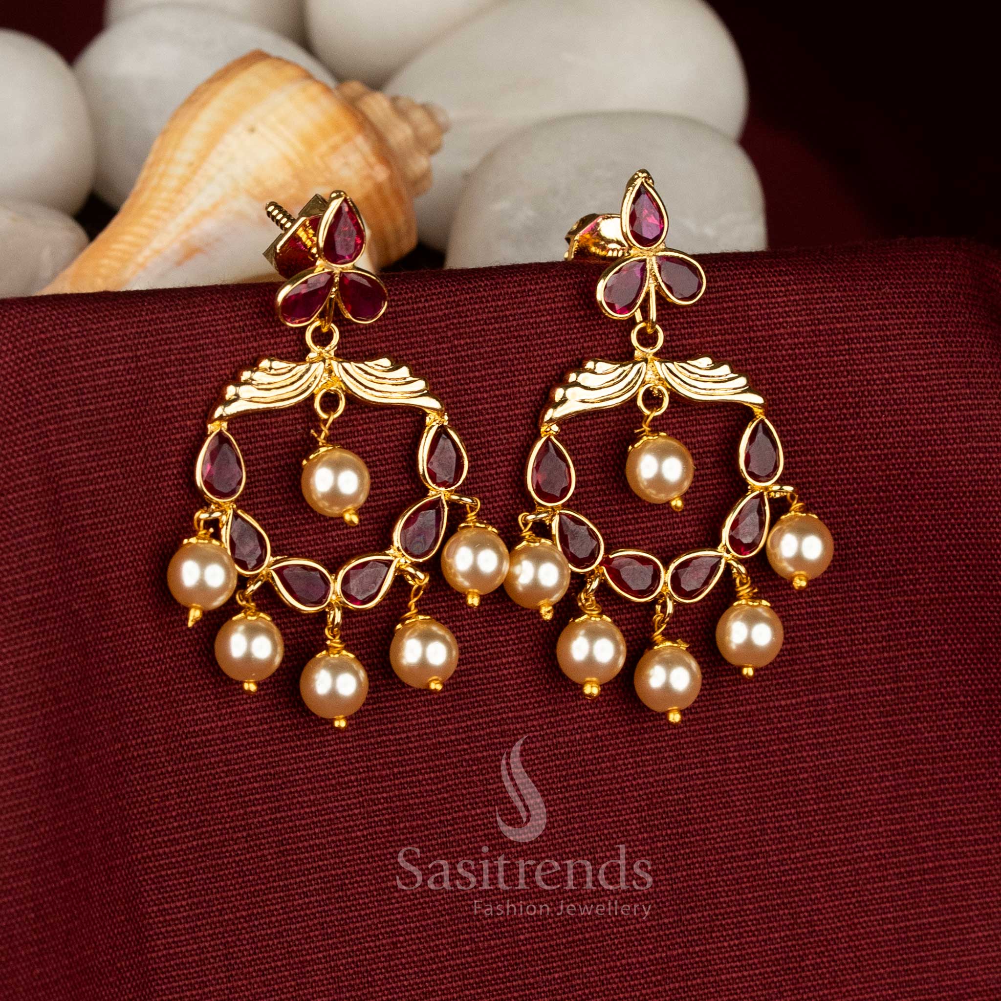 Kundan Polki AD Three-Lobe Floral Crescent Earrings with Pearl Accents – Gold Plated - Image 4