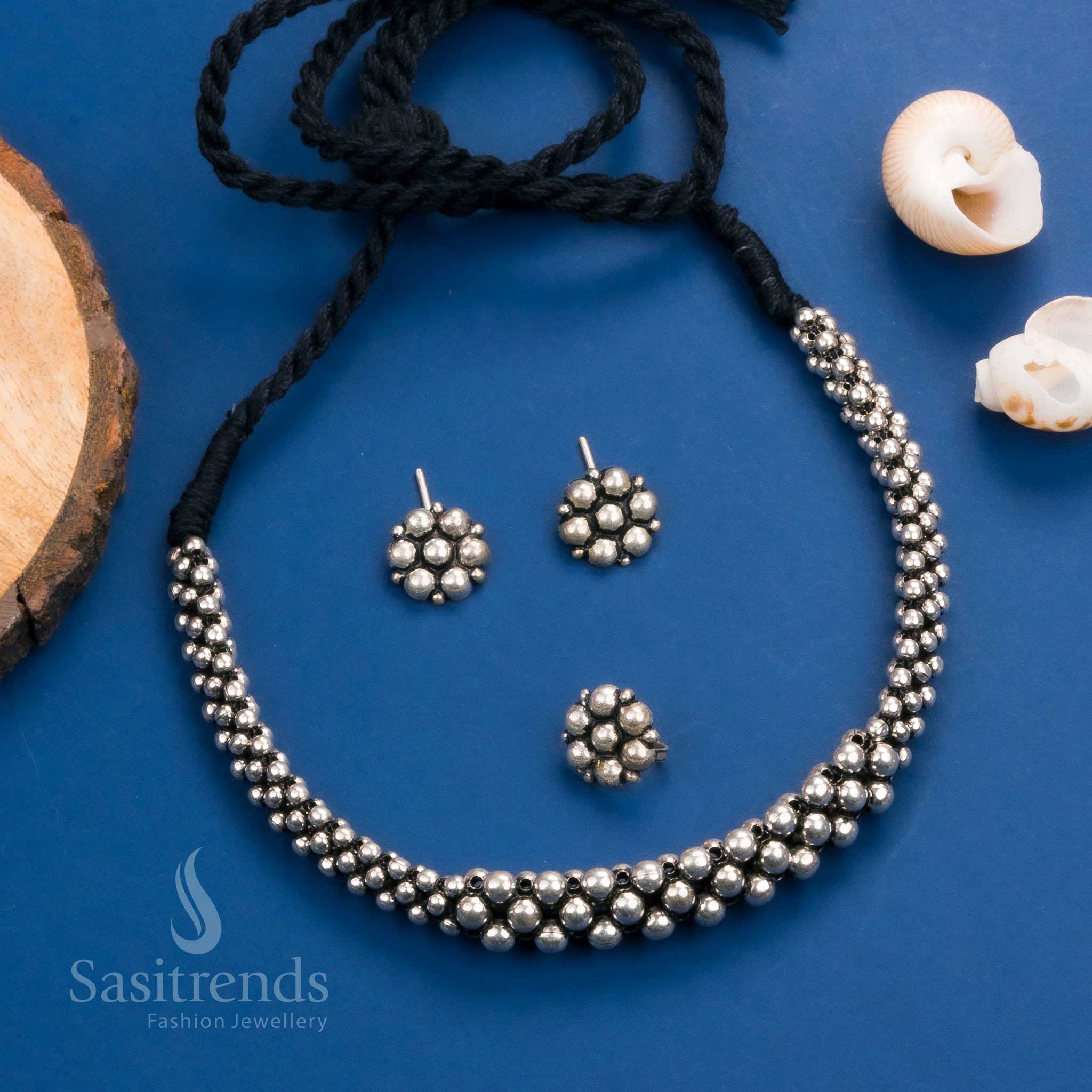 Latest Kolhapuri Oxidised Floral Earrings and Ring Necklace Jewellery Set - Exquisite Stones for Online Shopping