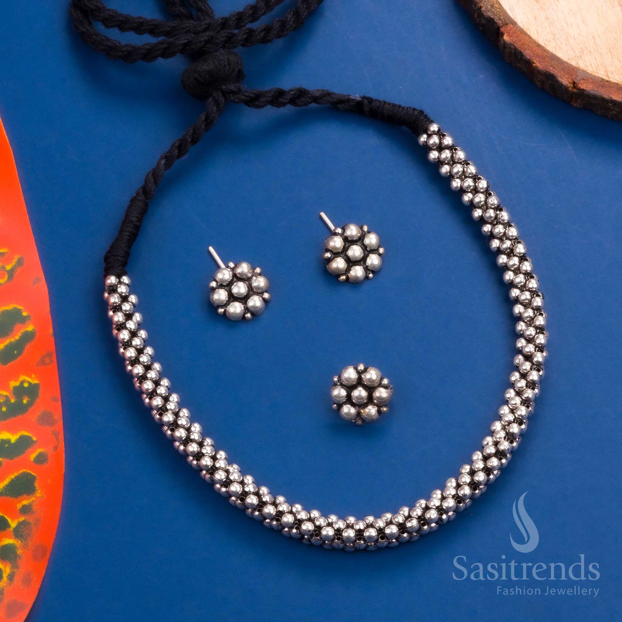 Exquisite Kolhapuri Oxidised Floral Earrings and Ring Necklace Jewellery Set for Traditional Occasions