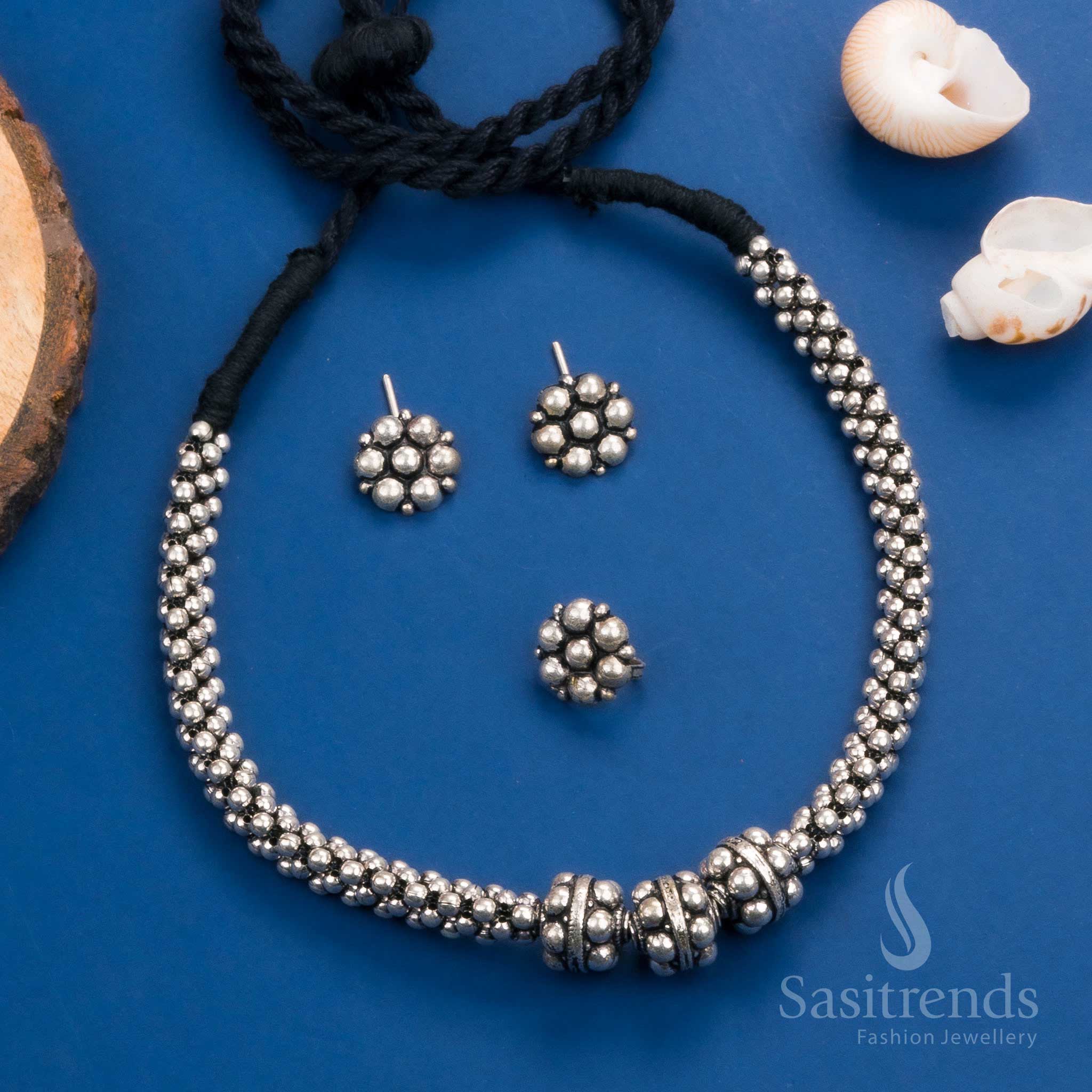Gorgeous Party Wear Kolhapuri Oxidised Necklace Jewellery Set with Floral Earrings and Ring | Sasitrends
