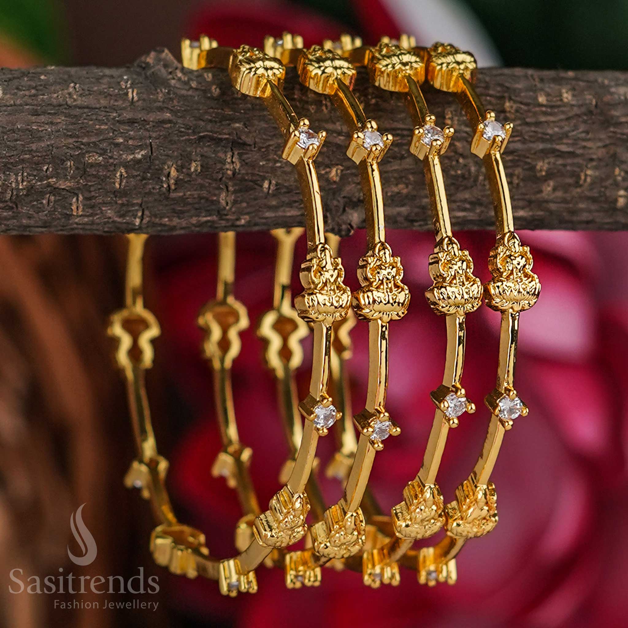 Elegant Lakshmi American Diamond Stones Bangles Set | Micro Gold Plated | Traditional Design for Women - Image 3