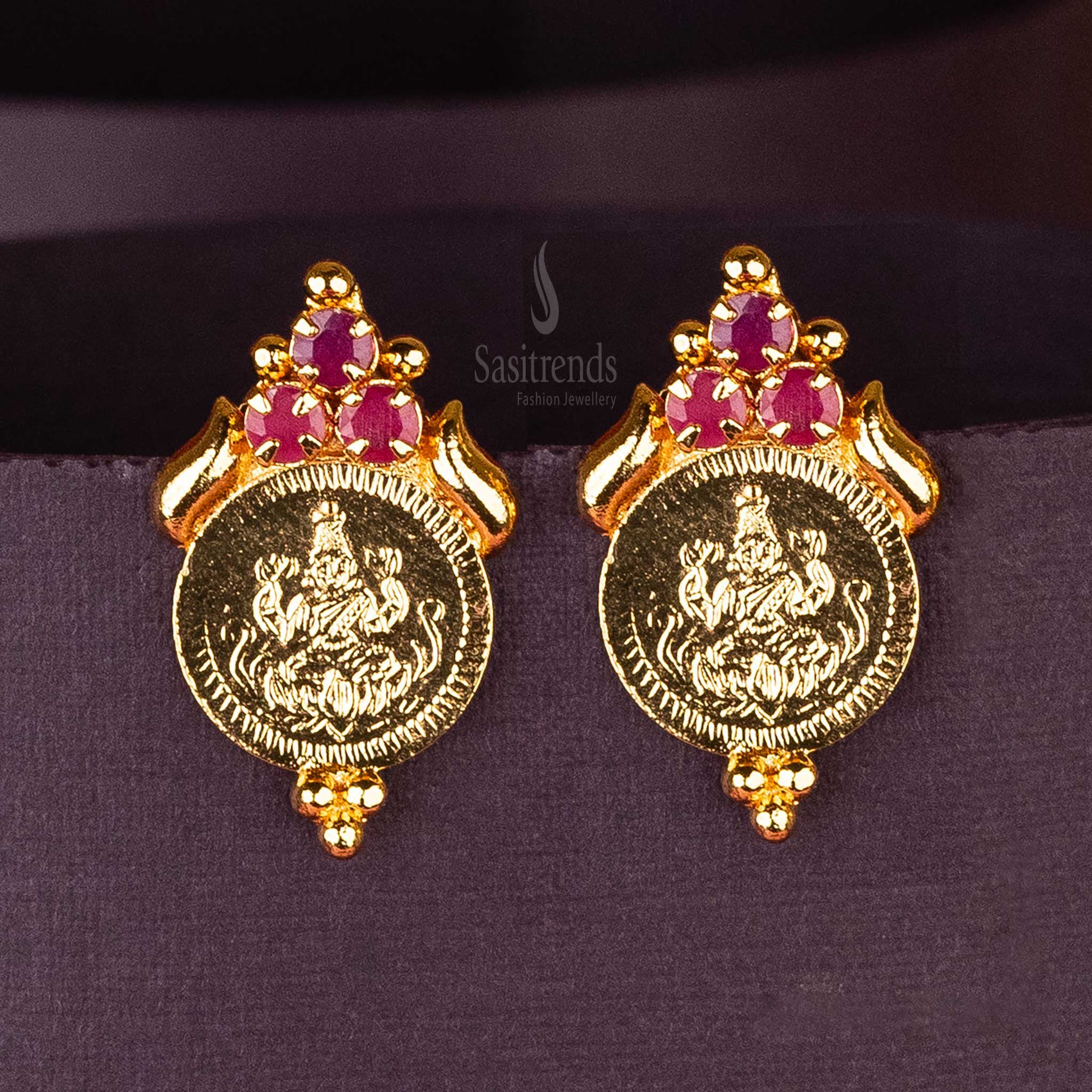 Sasitrends - Elegant Lakshmi Coin Micro Gold Plated Kerala Earrings with Three AD Stones - Image 5