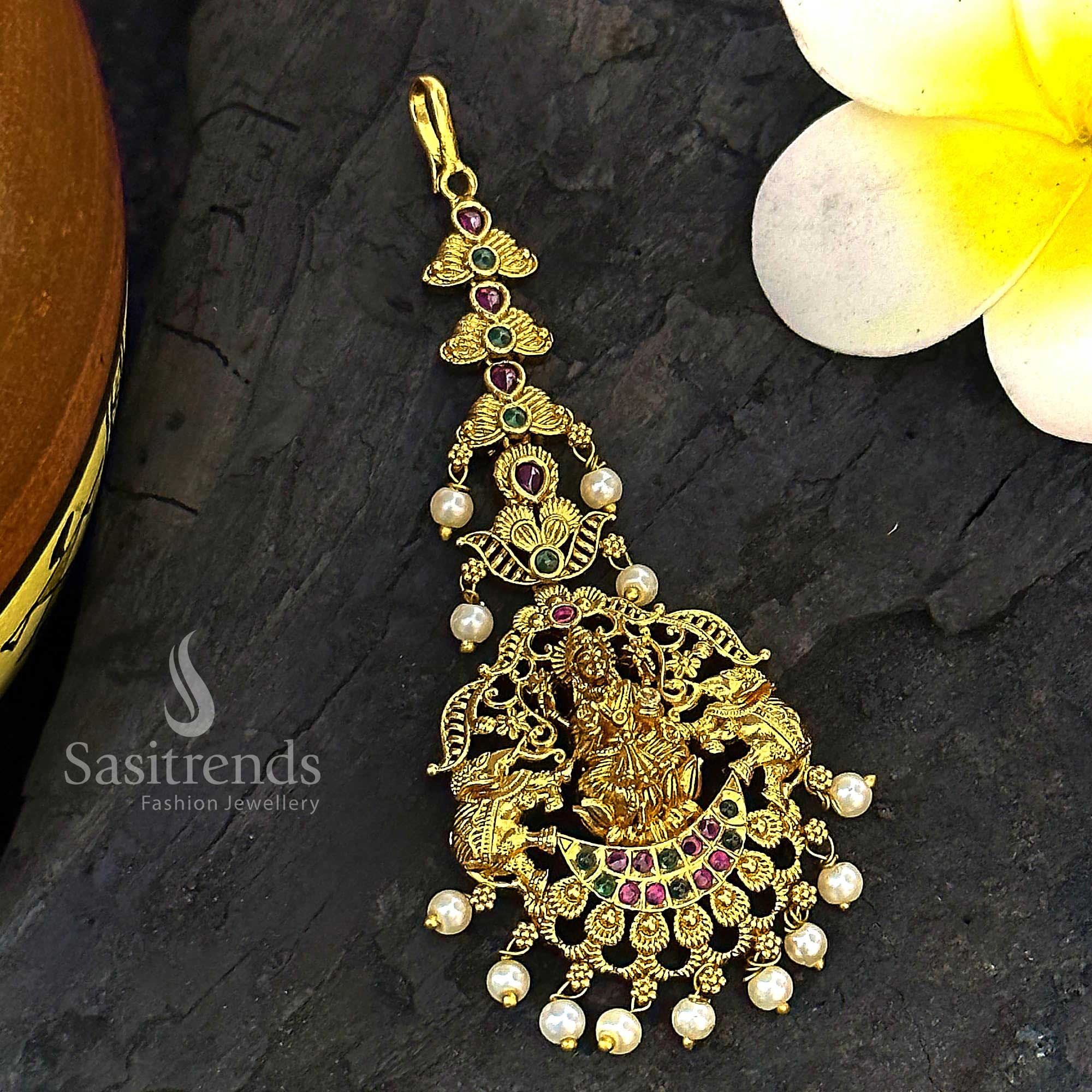 Lakshmi and Elephant Motif AD Maang Tikka: Timeless Temple Matte Gold Plated | Sasitrends