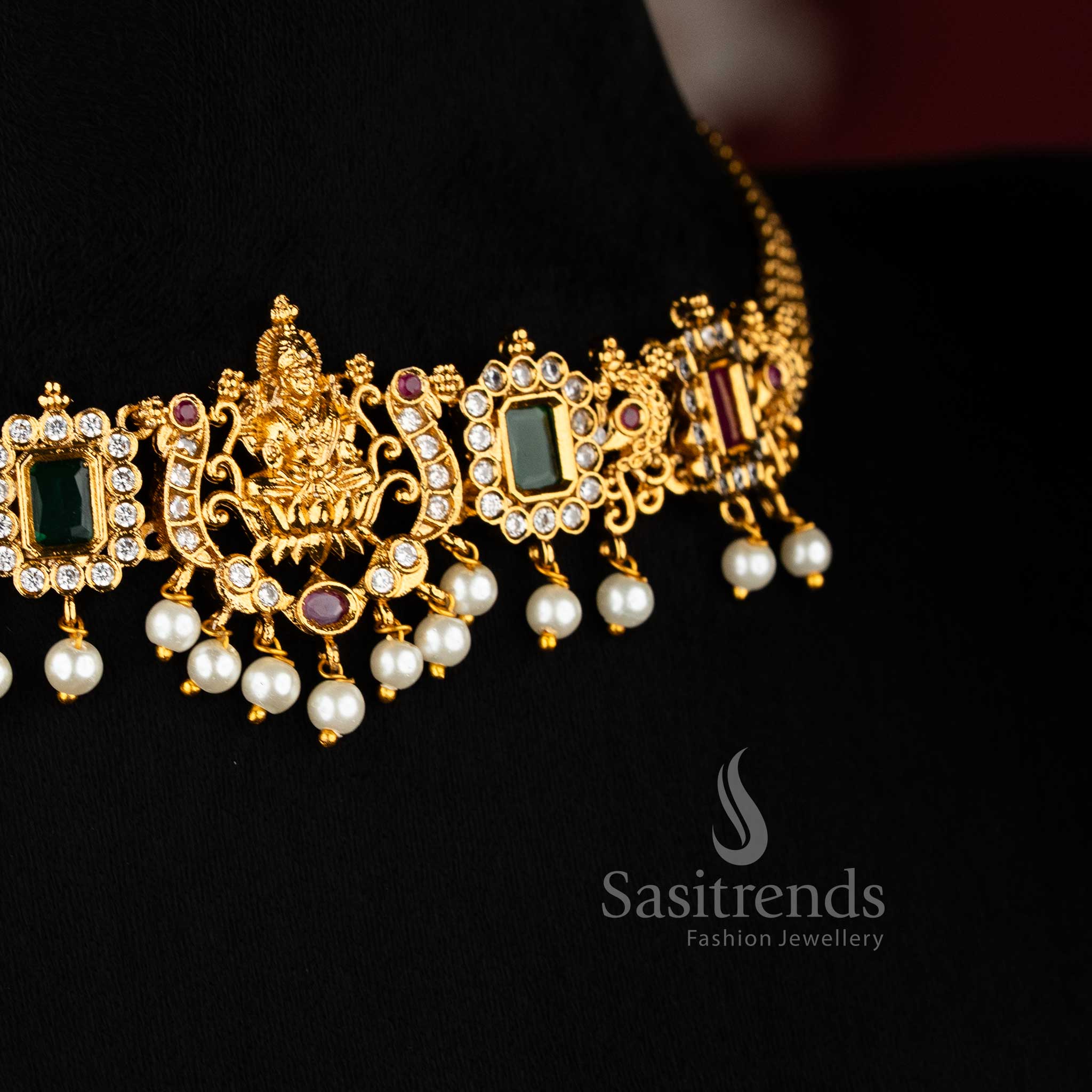 Gorgeous Traditional Temple Matte Gold Plated Lakshmi Peacock Choker Pearl Necklace Jewellery Set with Pearl Jhumkas and AD Stones | Sasitrends - Image 3