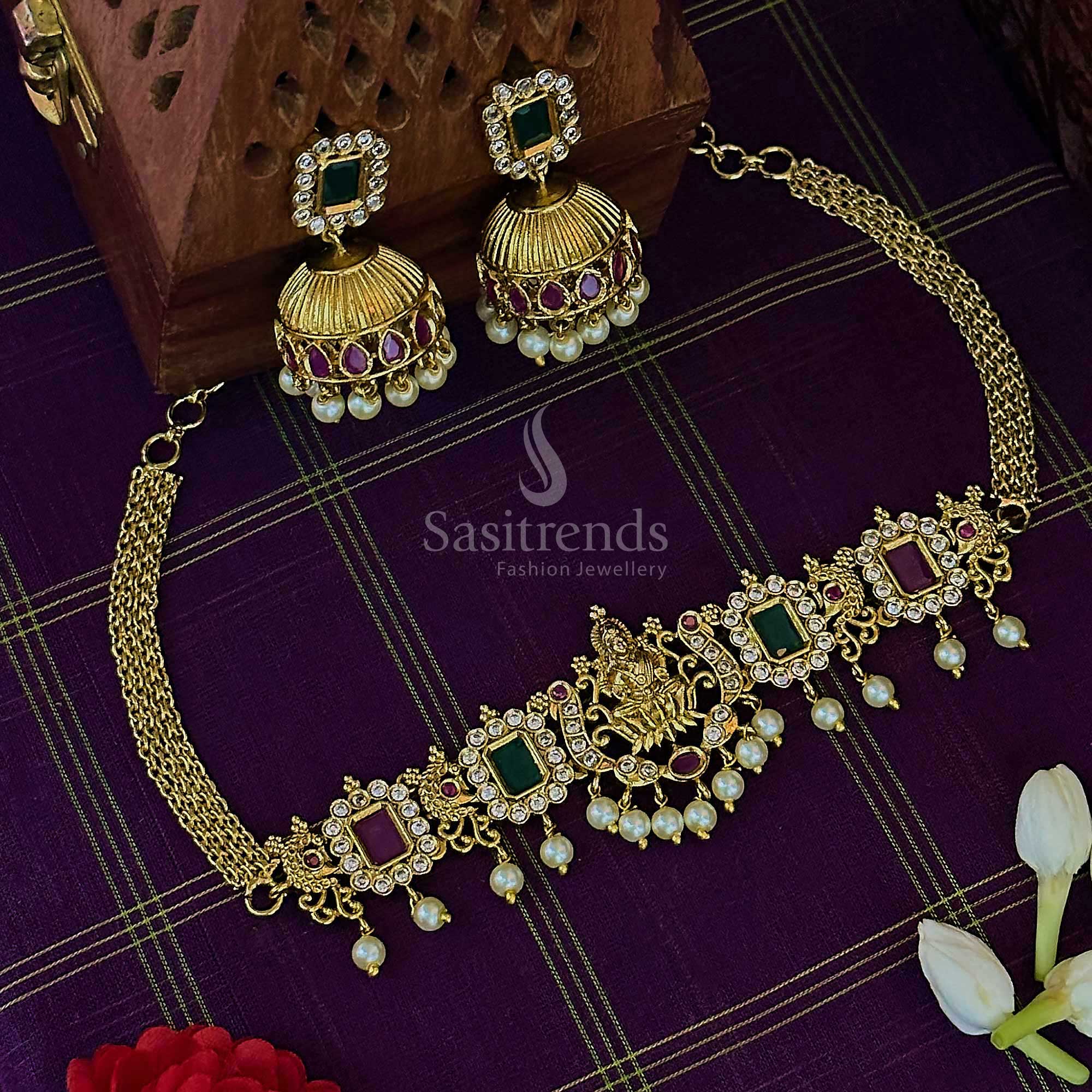 Gorgeous Traditional Temple Matte Gold Plated Lakshmi Peacock Choker Pearl Necklace Jewellery Set with Pearl Jhumkas and AD Stones | Sasitrends - Image 4
