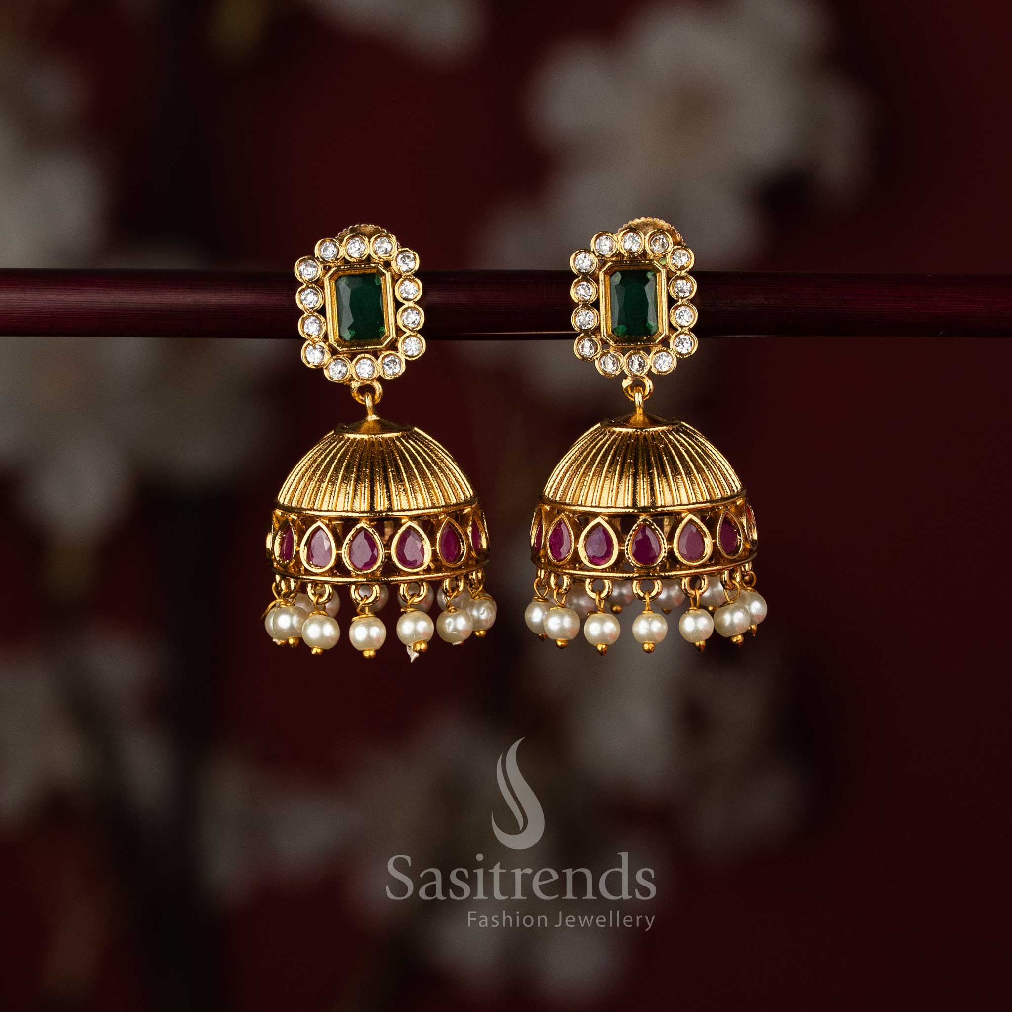 Gorgeous Traditional Temple Matte Gold Plated Lakshmi Peacock Choker Pearl Necklace Jewellery Set with Pearl Jhumkas and AD Stones | Sasitrends - Image 5