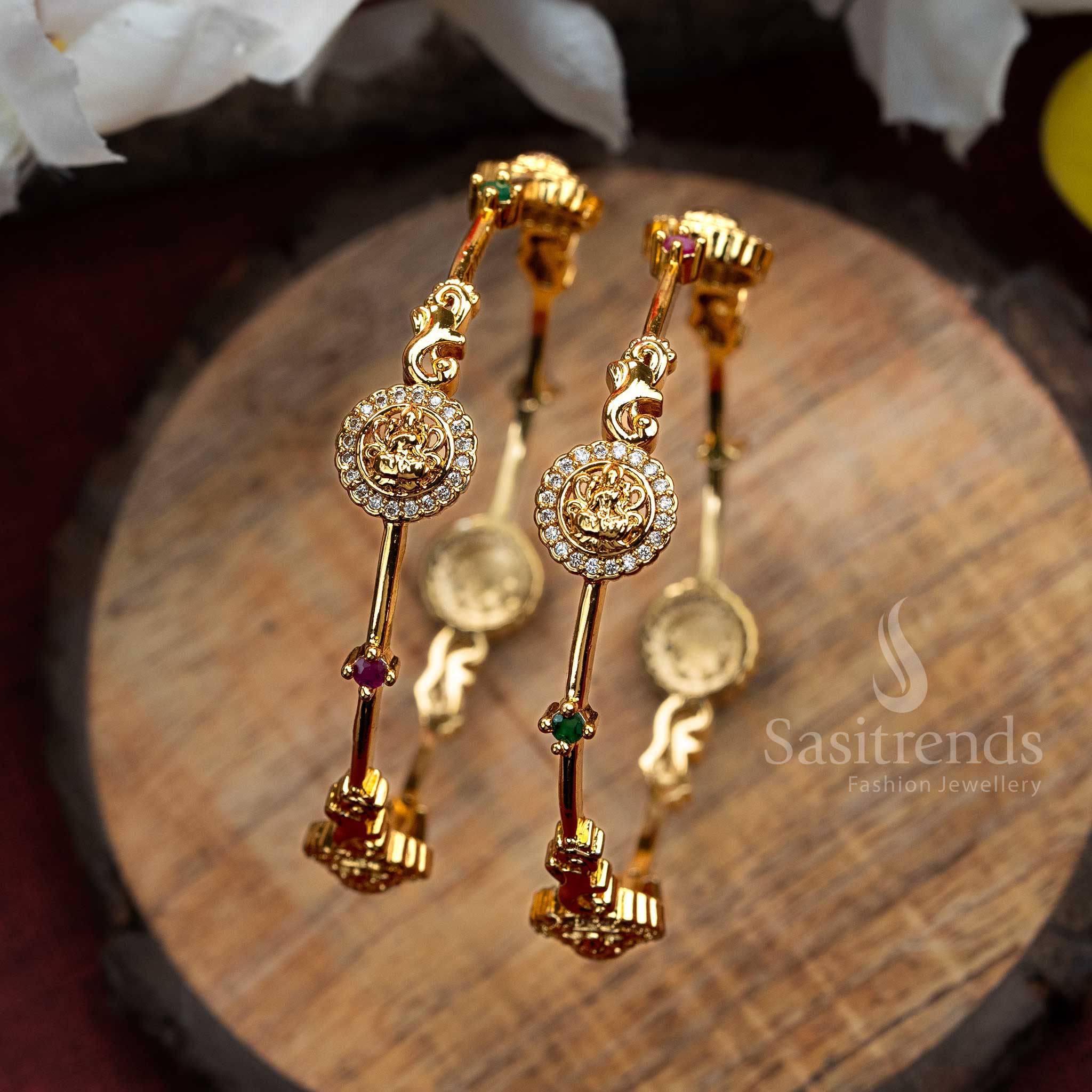 Trendy Traditional Lakshmi Motif Bangles Pair with Micro Gold Plating and American Diamond Stones - Image 3