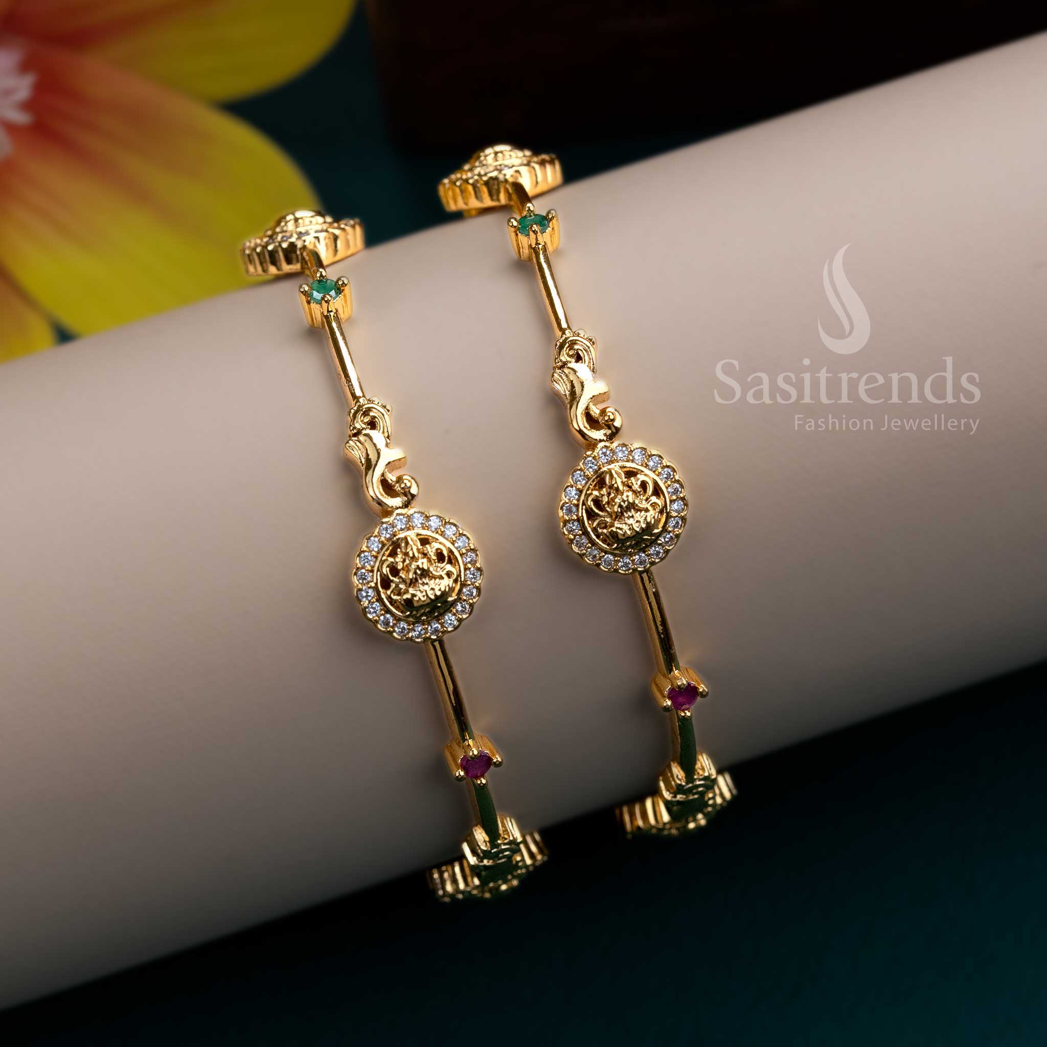 Trendy Traditional Lakshmi Motif Bangles Pair with Micro Gold Plating and American Diamond Stones - Image 5