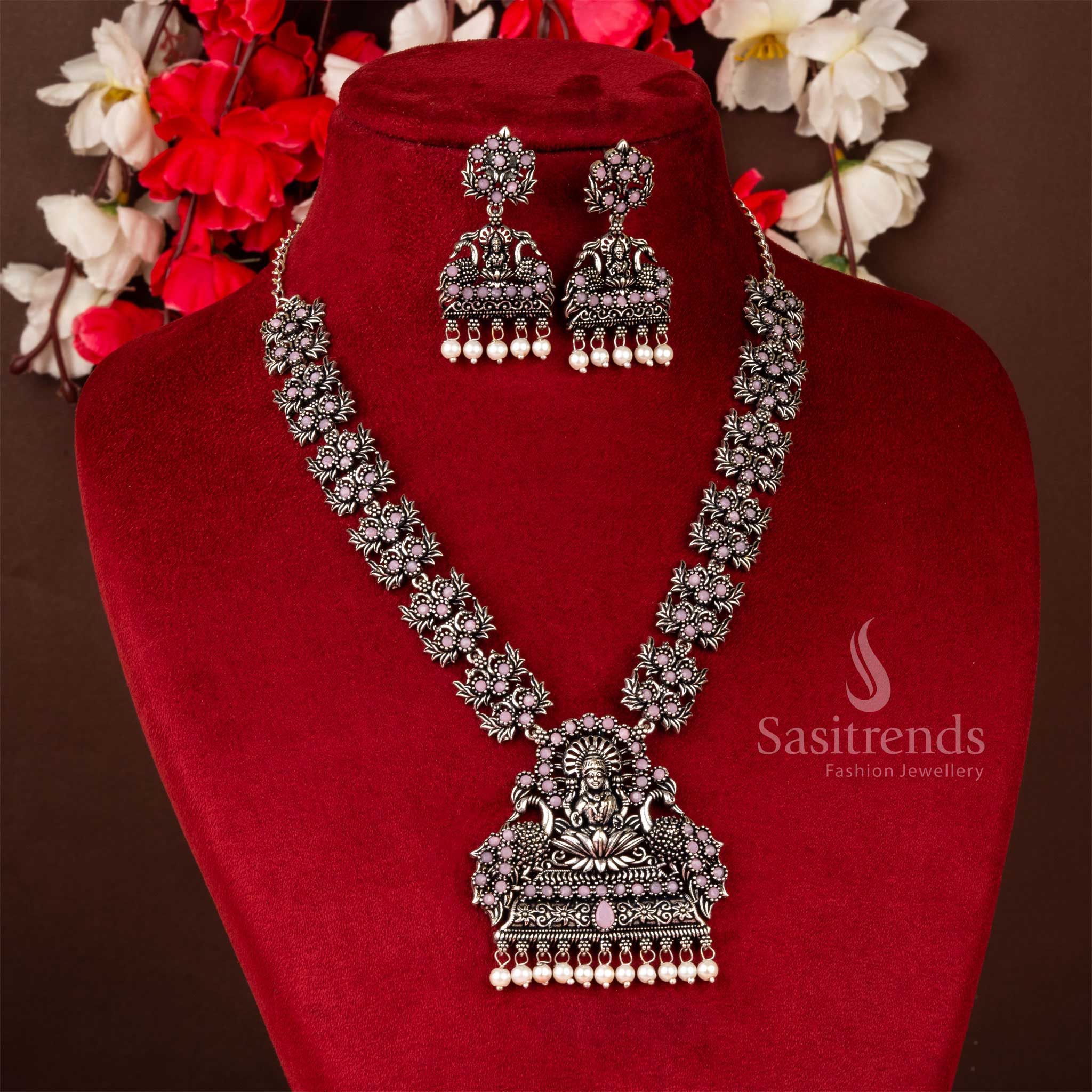 Mesmerizing Lakshmi and Peacock Oxidised Stones Necklace Jewellery Set with Pearl Drops - Image 3