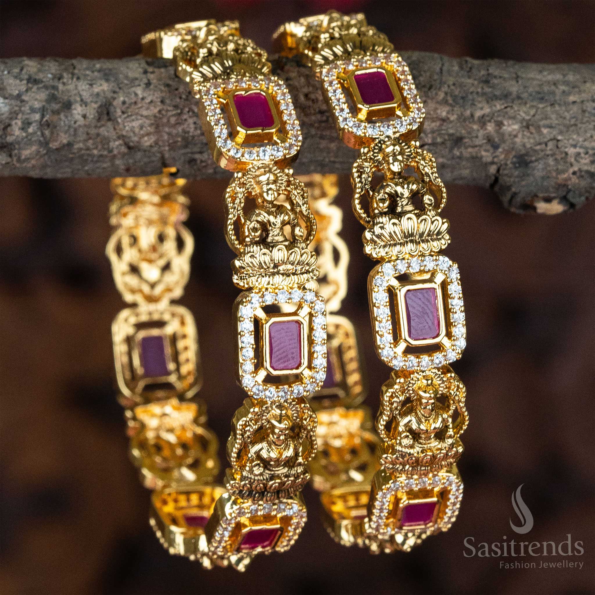 Exquisite Temple Matte Gold-Plated Lakshmi & Rectangular Motif Bangles | Latest Traditional Look | Sasitrends