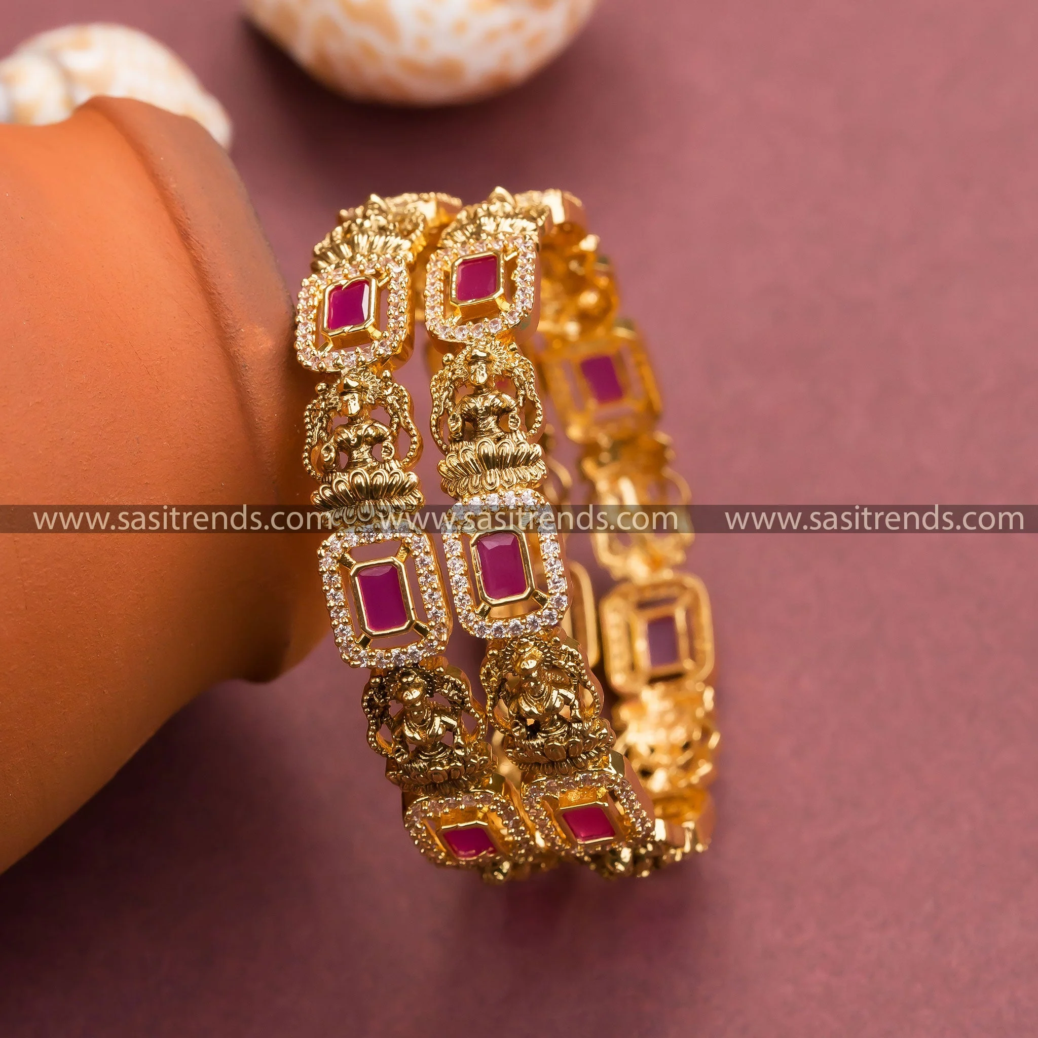 Exquisite Temple Matte Gold-Plated Lakshmi & Rectangular Motif Bangles | Latest Traditional Look | Sasitrends - Image 2