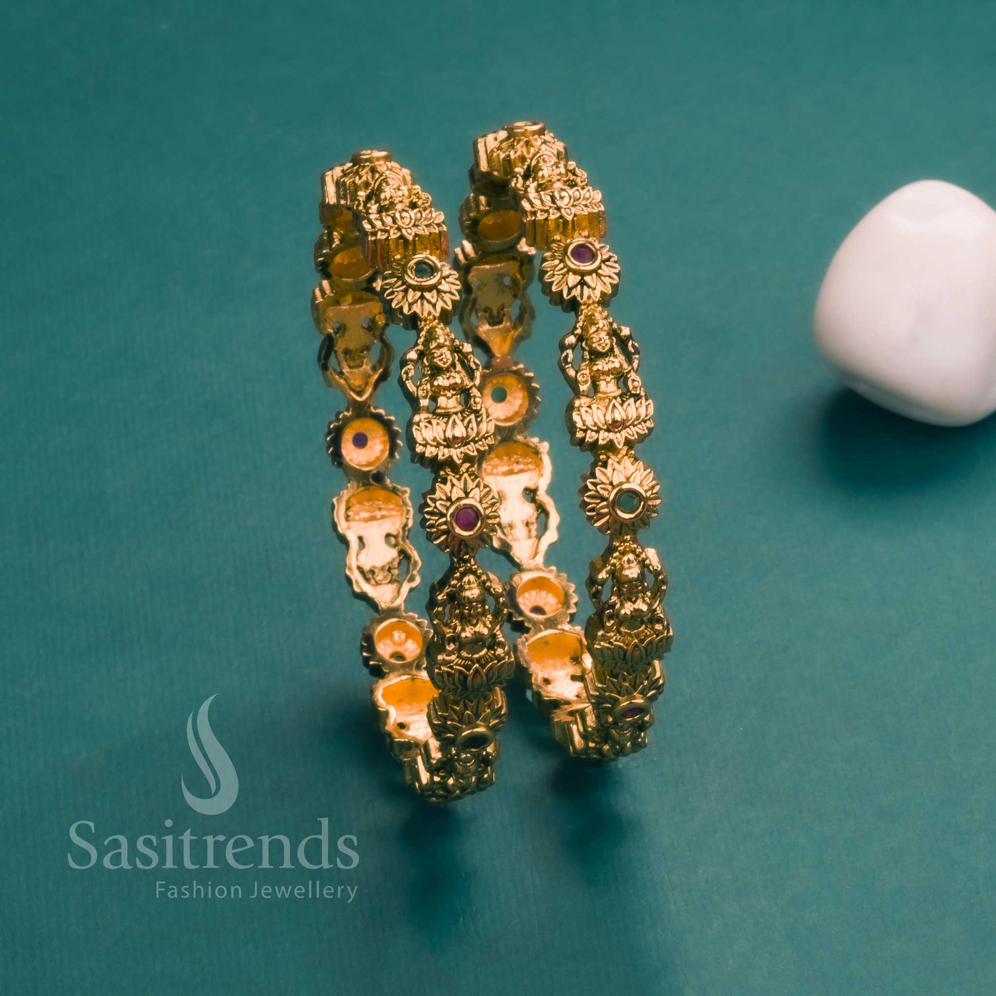 Goddess Lakshmi Temple Matte Gold Plated Bangles with Red & Green Stones - Traditional Elegance!