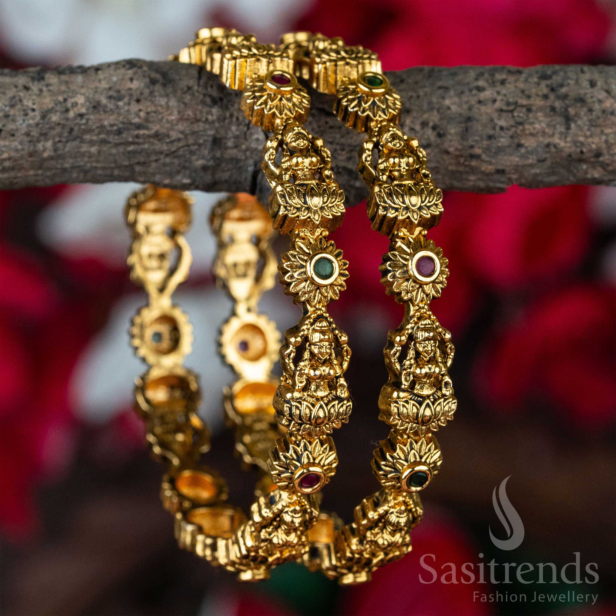 Goddess Lakshmi Temple Matte Gold Plated Bangles with Red & Green Stones - Traditional Elegance! - Image 2