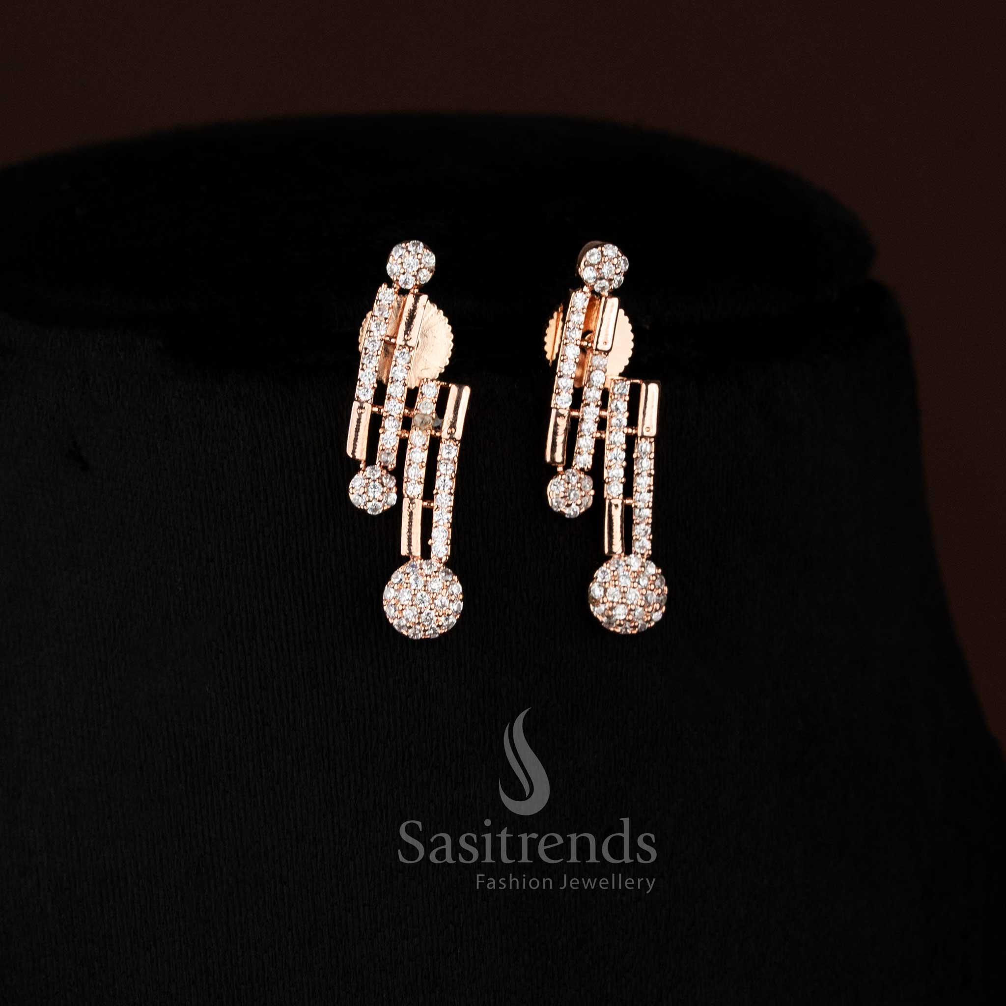Sparkling Party Wear Rhodium Silver & Rose Gold Plated American Diamond Necklace Jewellery Set - Image 3