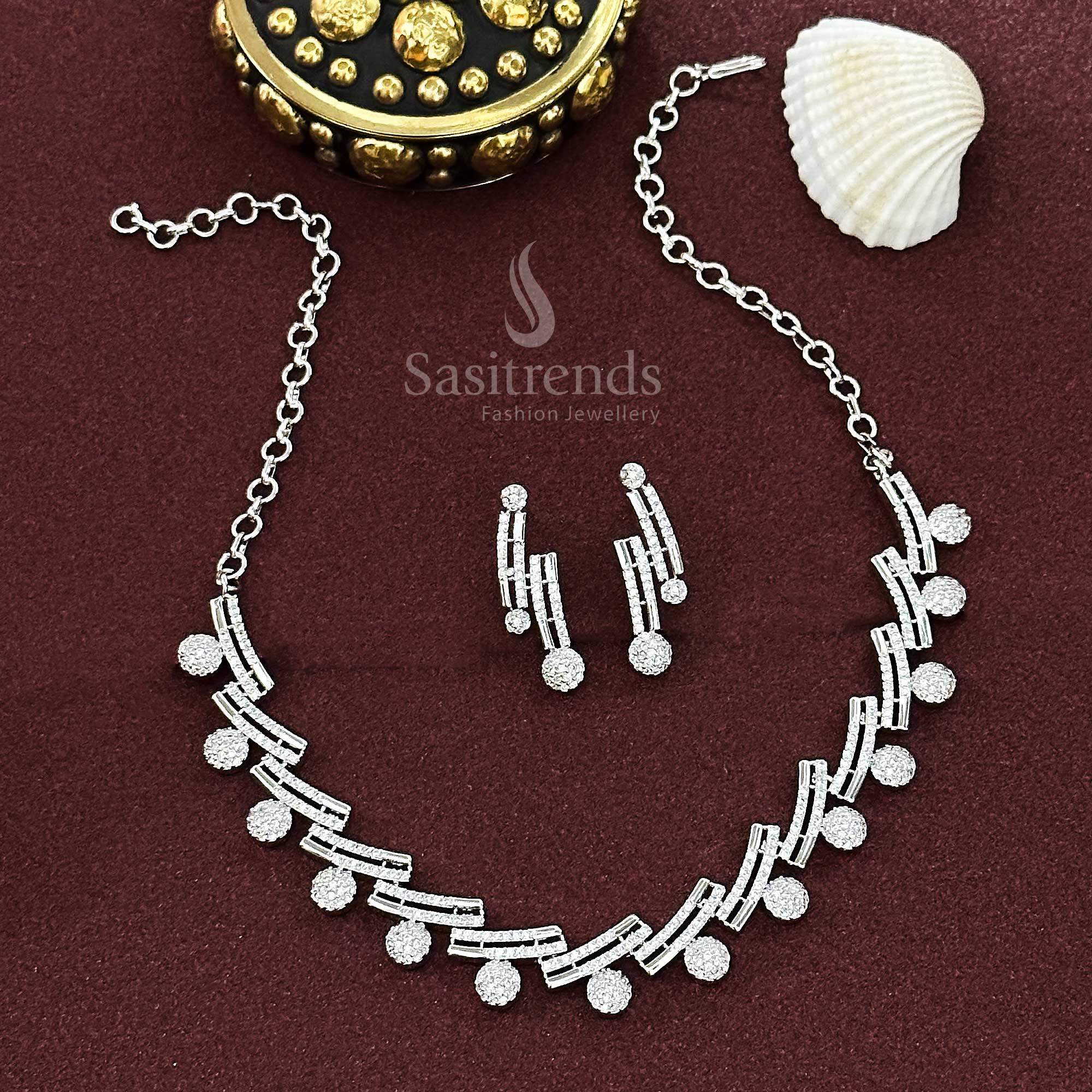 Sparkling Party Wear Rhodium Silver & Rose Gold Plated American Diamond Necklace Jewellery Set - Image 4