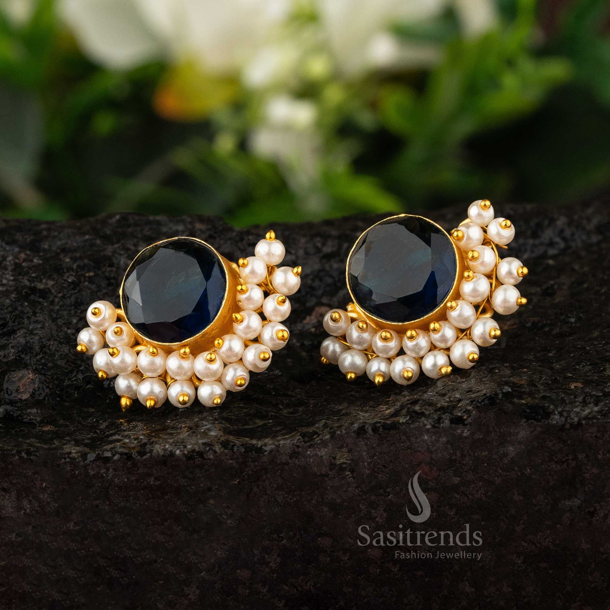 Sasitrends | Round Shaped Stone Gold-Plated Earrings with Pearl Embellishments