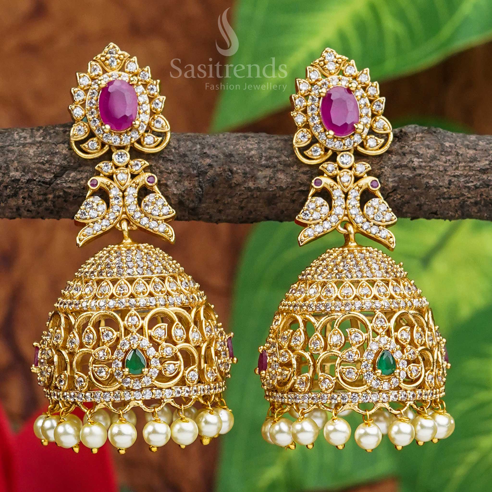 Elegant Peacock Motif Bridal Jhumka Earrings | Temple Matte Gold Plated | American Diamond Stones - Image 3