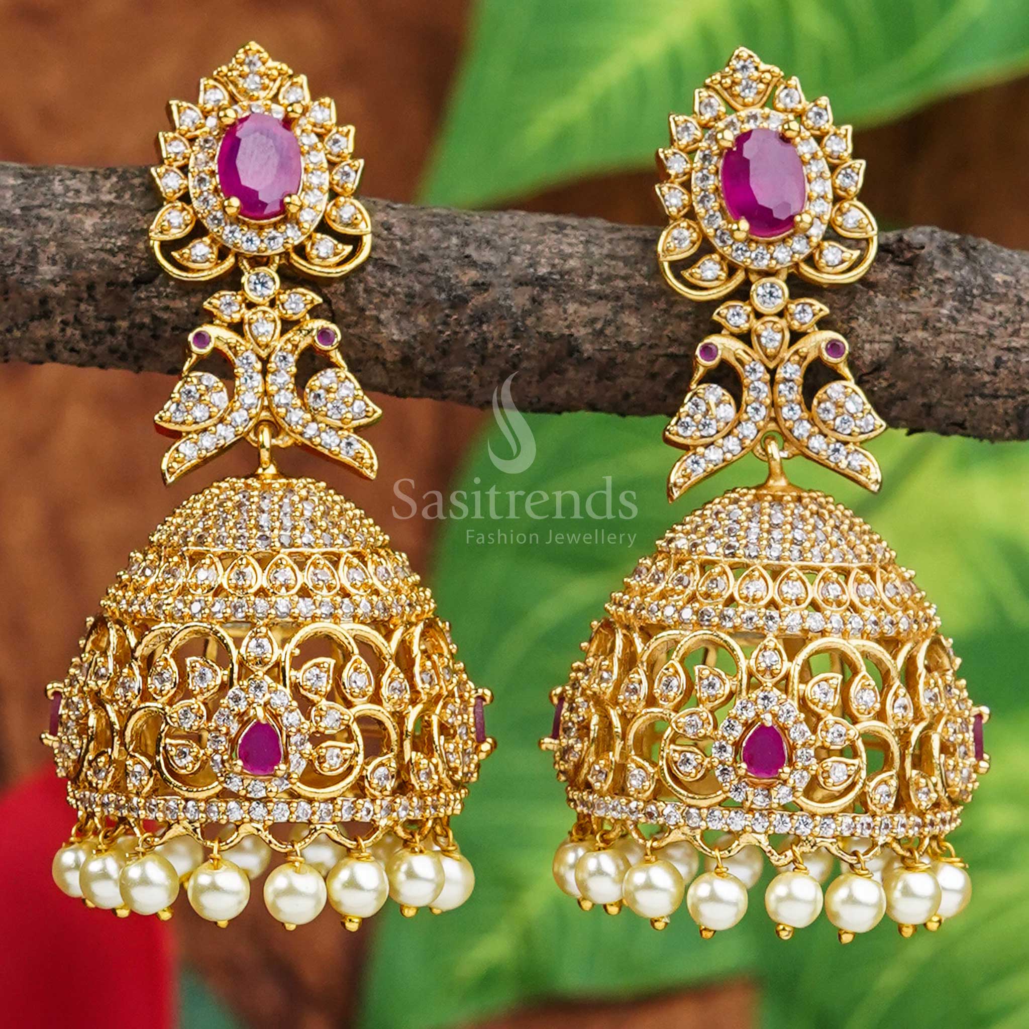 Elegant Peacock Motif Bridal Jhumka Earrings | Temple Matte Gold Plated | American Diamond Stones - Image 4