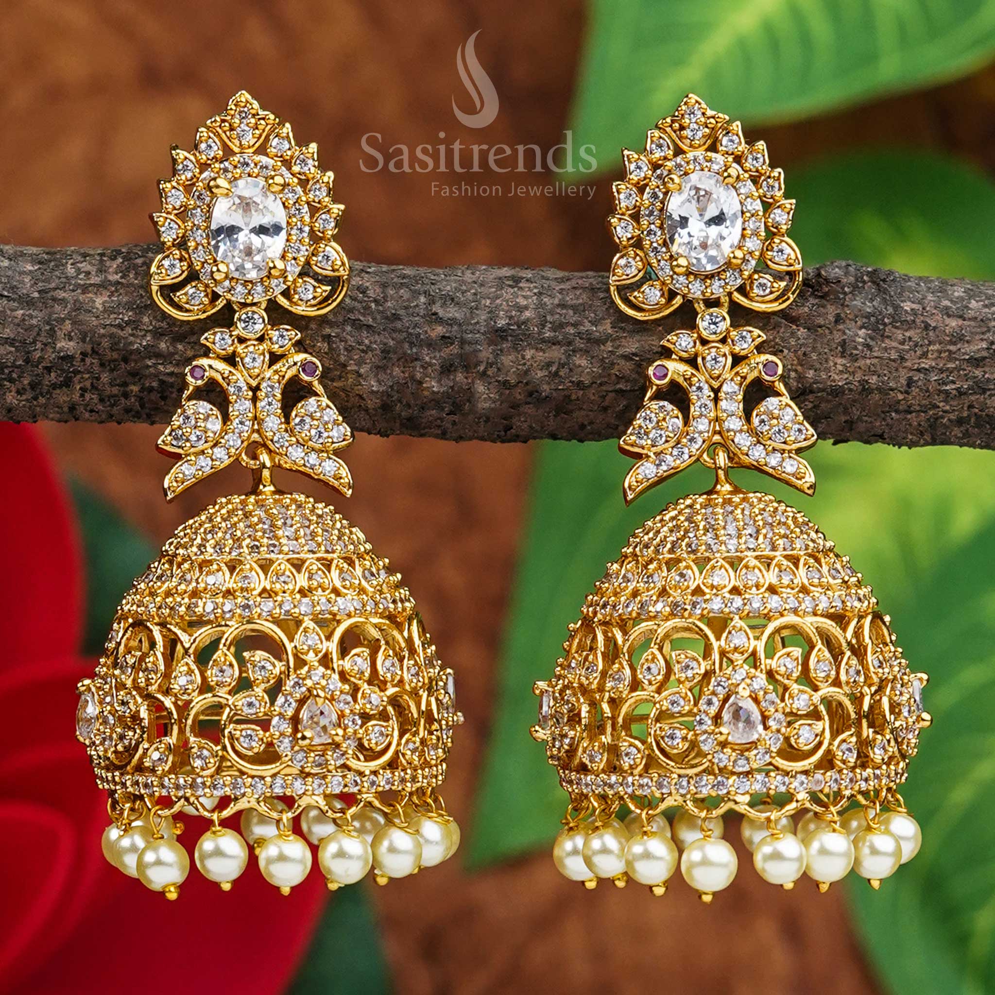 Elegant Peacock Motif Bridal Jhumka Earrings | Temple Matte Gold Plated | American Diamond Stones - Image 5