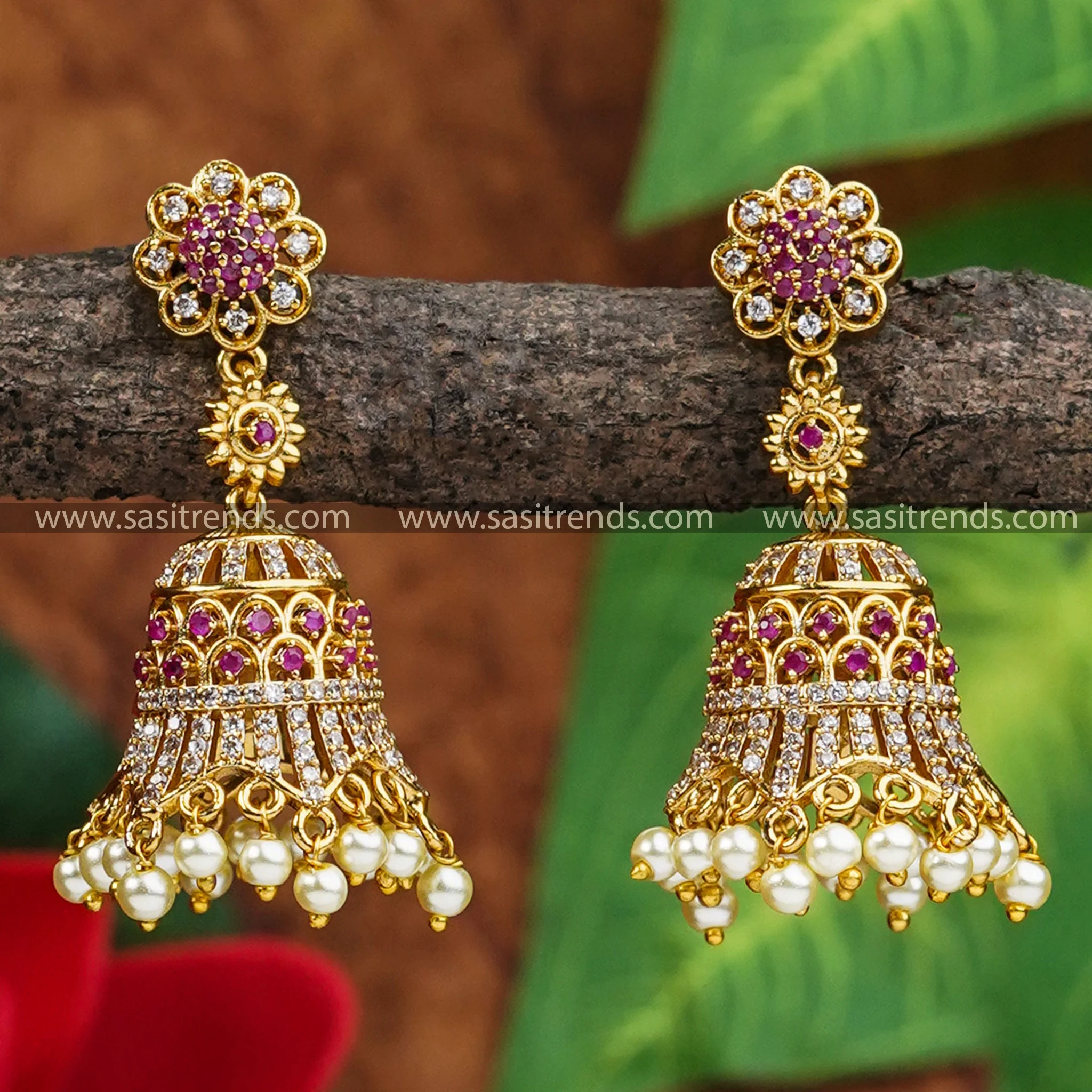 New Jhumka Earrings | Temple Matte Gold Plated | American Diamond Stones | Pearl Drops - Image 3