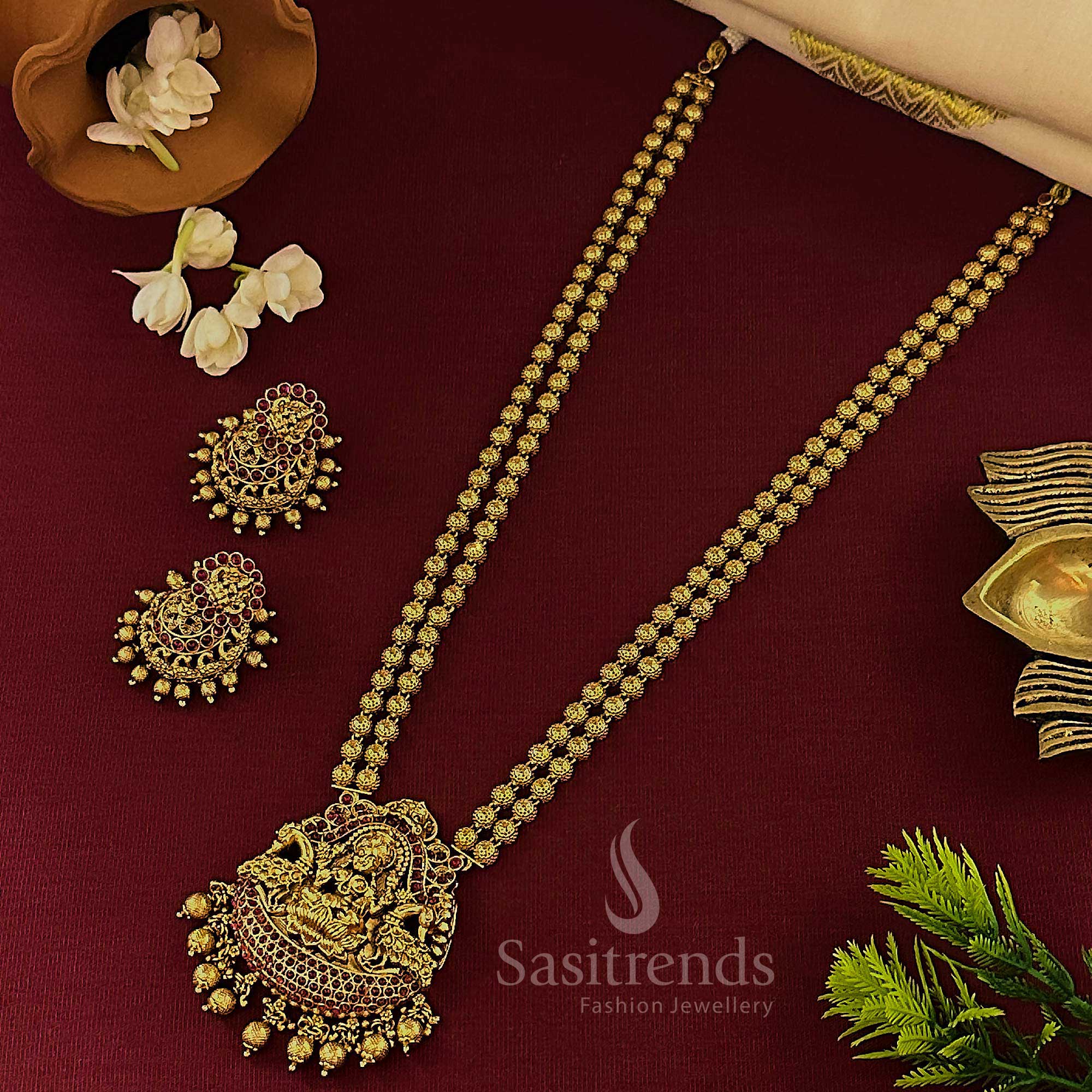 Bridal Temple Matte Gold Plated Long Necklace Jewellery Set - Latest Double Layered With Lakshmi Motif Jhumkas | Sasitrends - Image 2