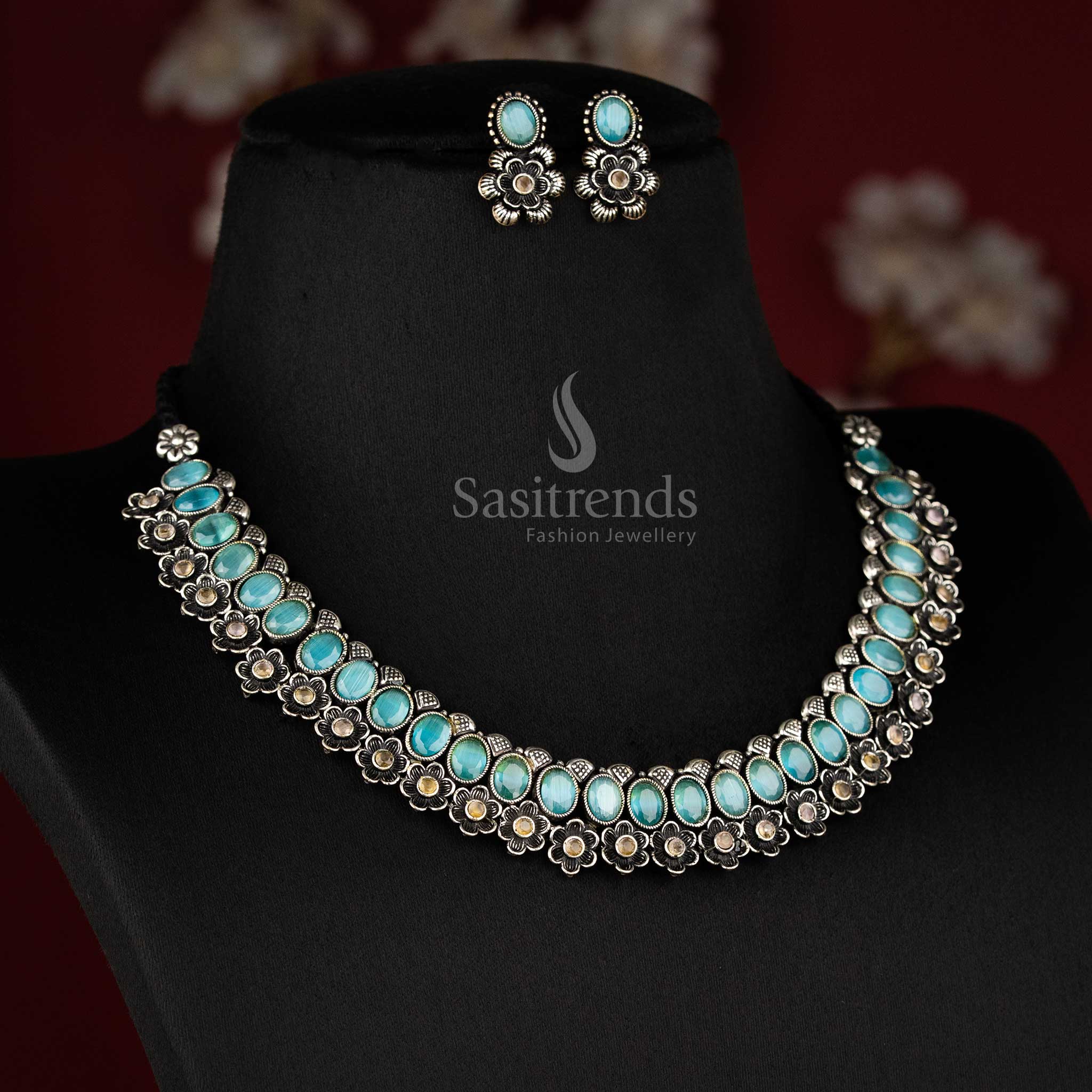 Rich Look Oxidised Floral with Oval Shaped Stones Necklace Jewellery Set - Perfect Party Wear!