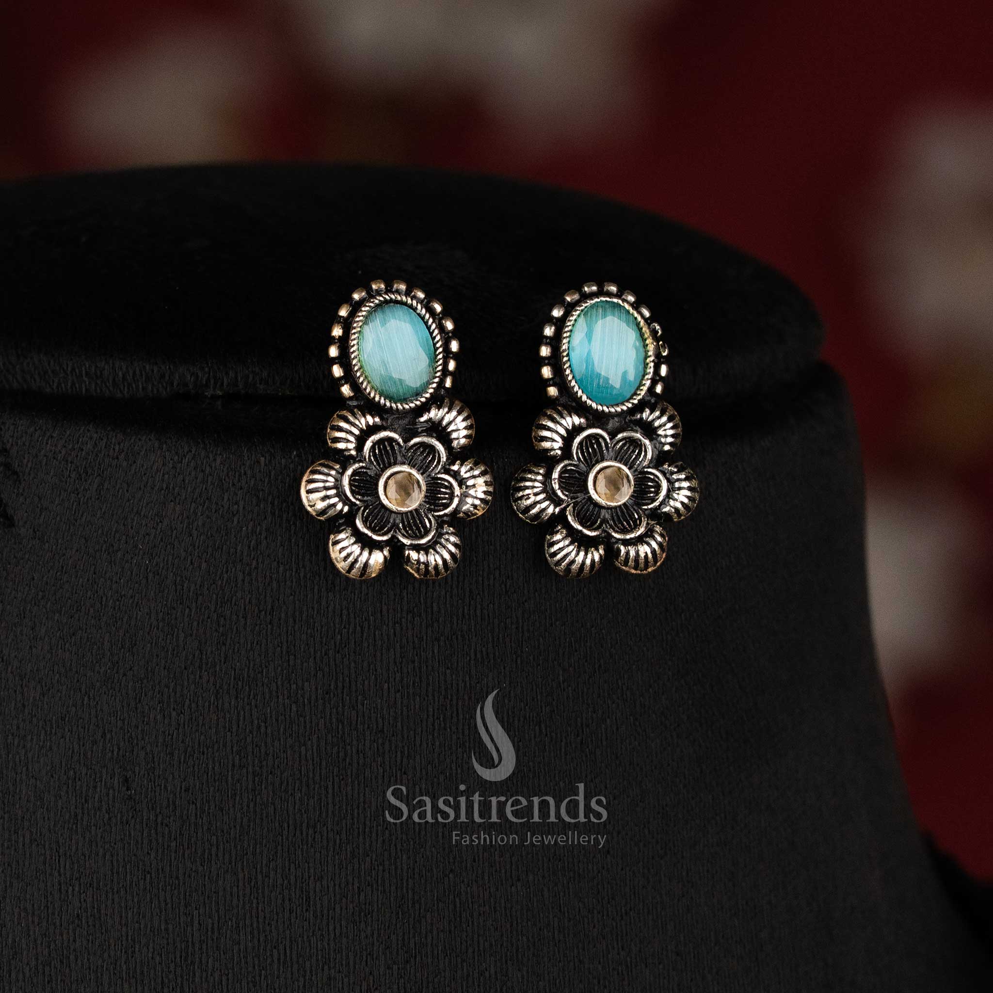 Rich Look Oxidised Floral with Oval Shaped Stones Necklace Jewellery Set - Perfect Party Wear! - Image 3