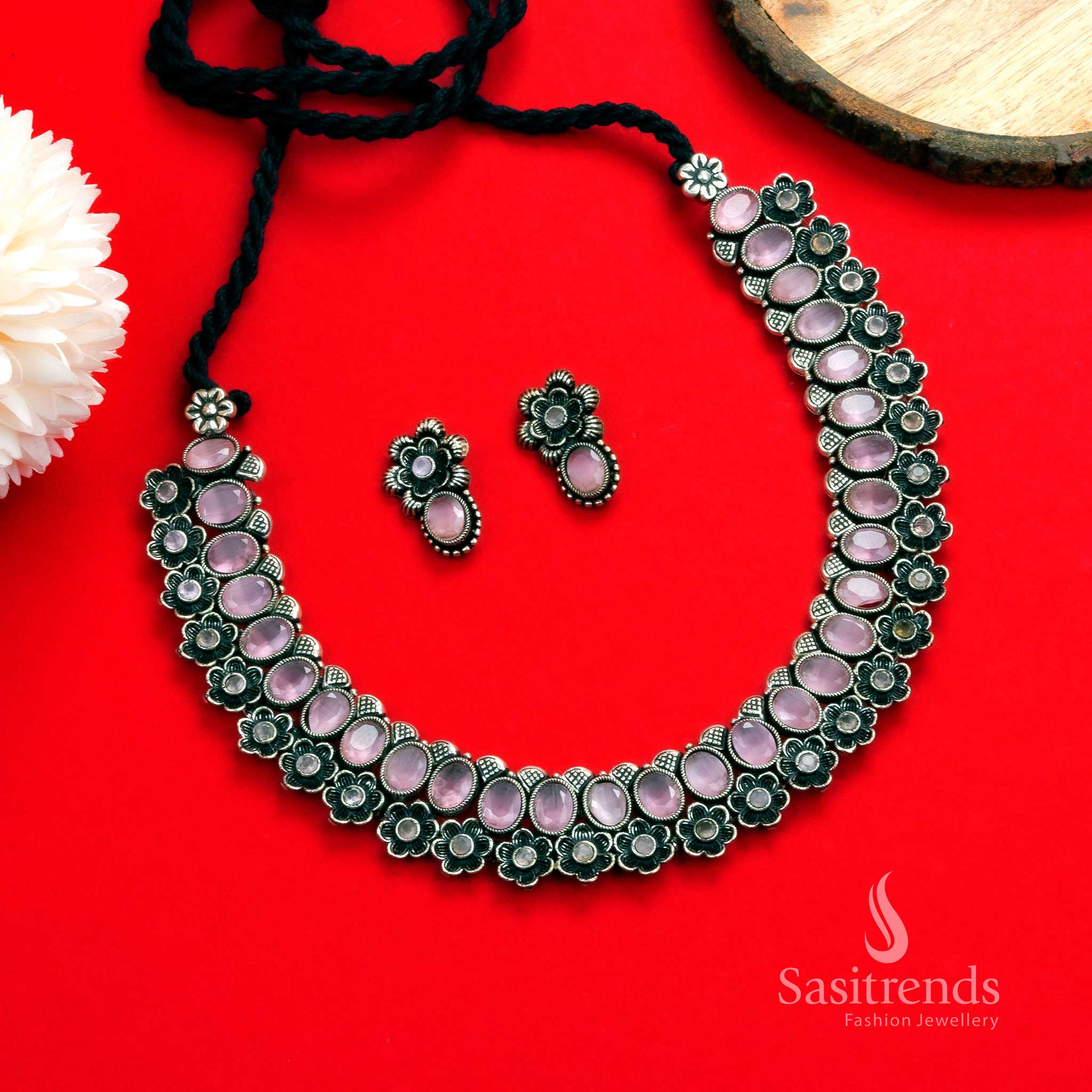 Rich Look Oxidised Floral with Oval Shaped Stones Necklace Jewellery Set - Perfect Party Wear! - Image 4