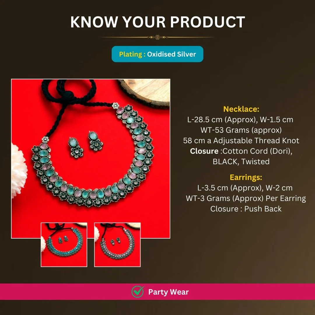 Rich Look Oxidised Floral with Oval Shaped Stones Necklace Jewellery Set - Perfect Party Wear! - Image 5