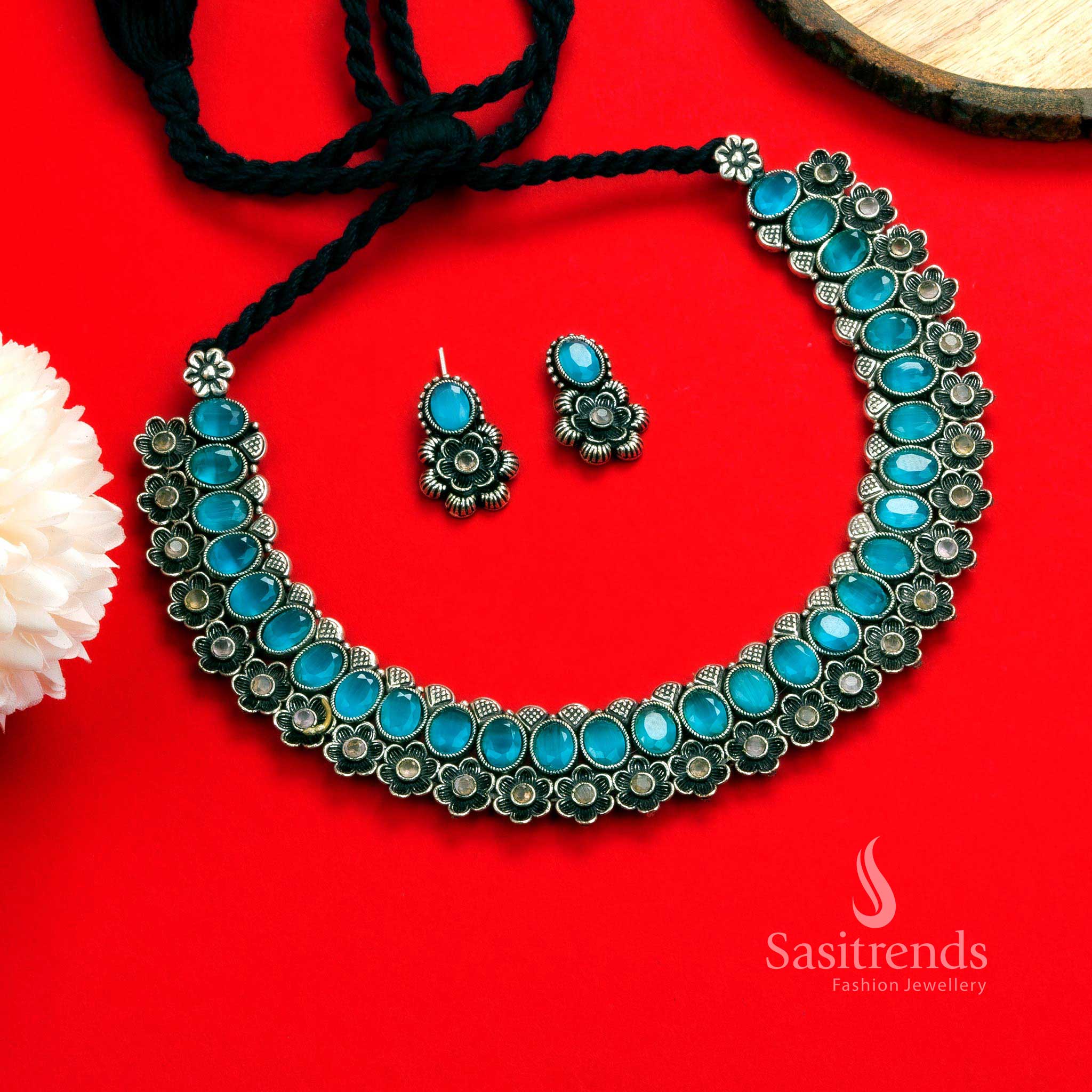 Rich Look Oxidised Floral with Oval Shaped Stones Necklace Jewellery Set - Perfect Party Wear! - Image 6