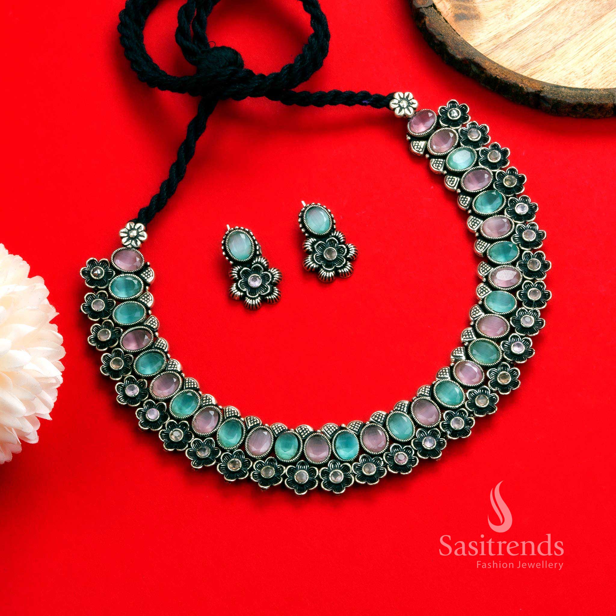 Rich Look Oxidised Floral with Oval Shaped Stones Necklace Jewellery Set - Perfect Party Wear! - Image 7