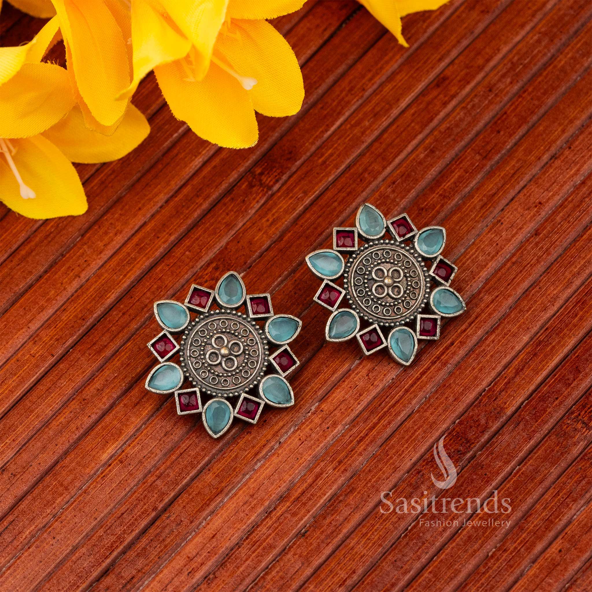 Radiant Mandala Oxidised Silver Look Alike Stud Earrings - Sasitrends - Image 7