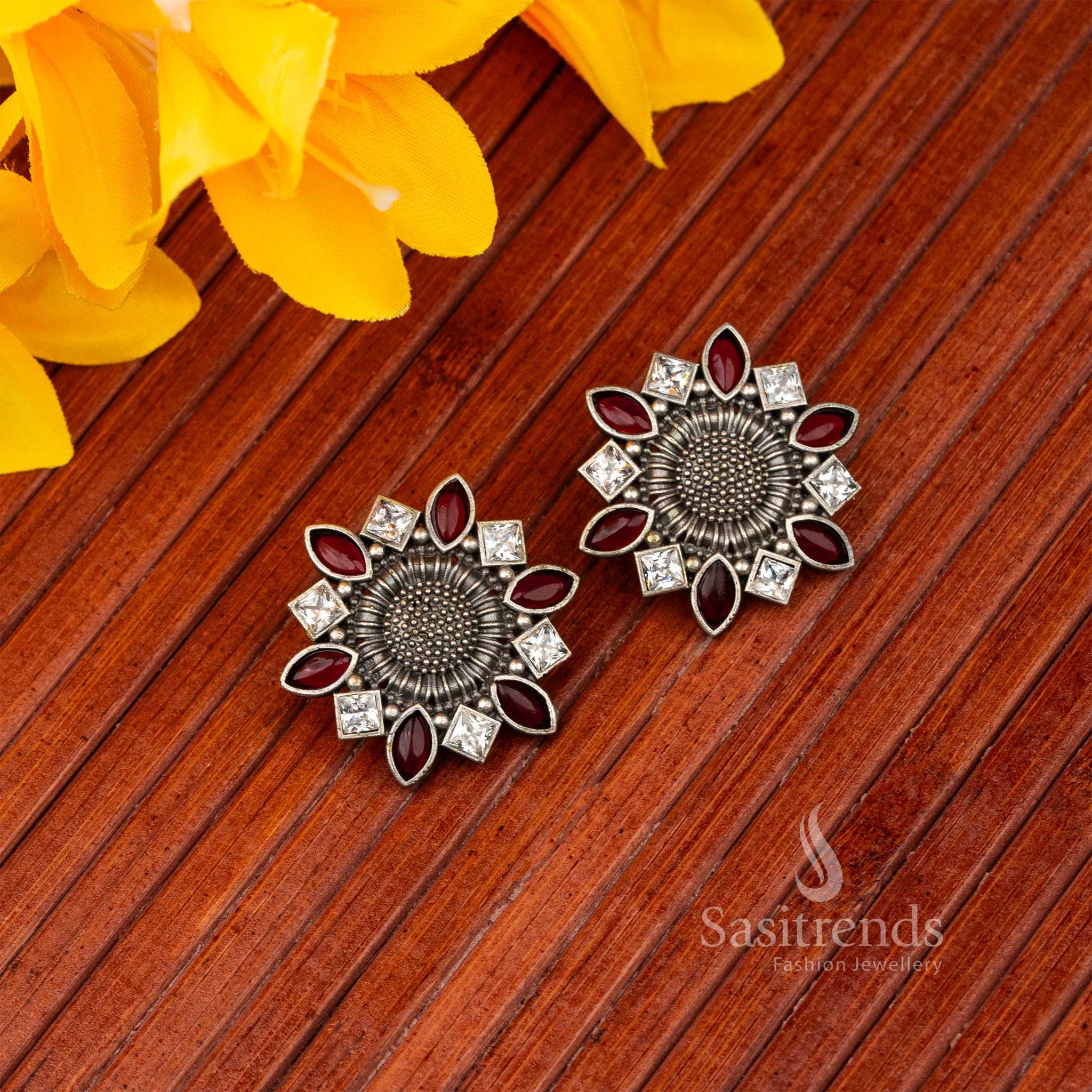 Luxe Mandala Oxidised Stones Stud Flower Design Earrings - Sasitrends - Image 3