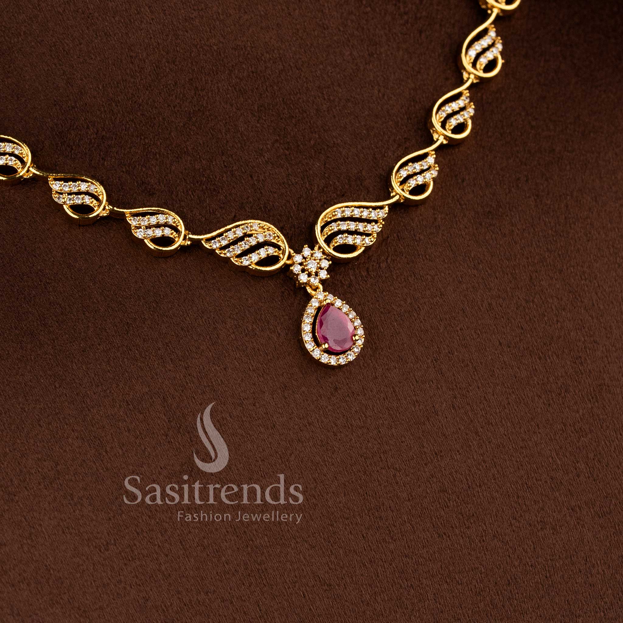 Party Wear Matte Gold Plated American Diamond Finish Leaf Motif with Water Drop Pendant Necklace Jewellery Set | Sasitrends - Image 2
