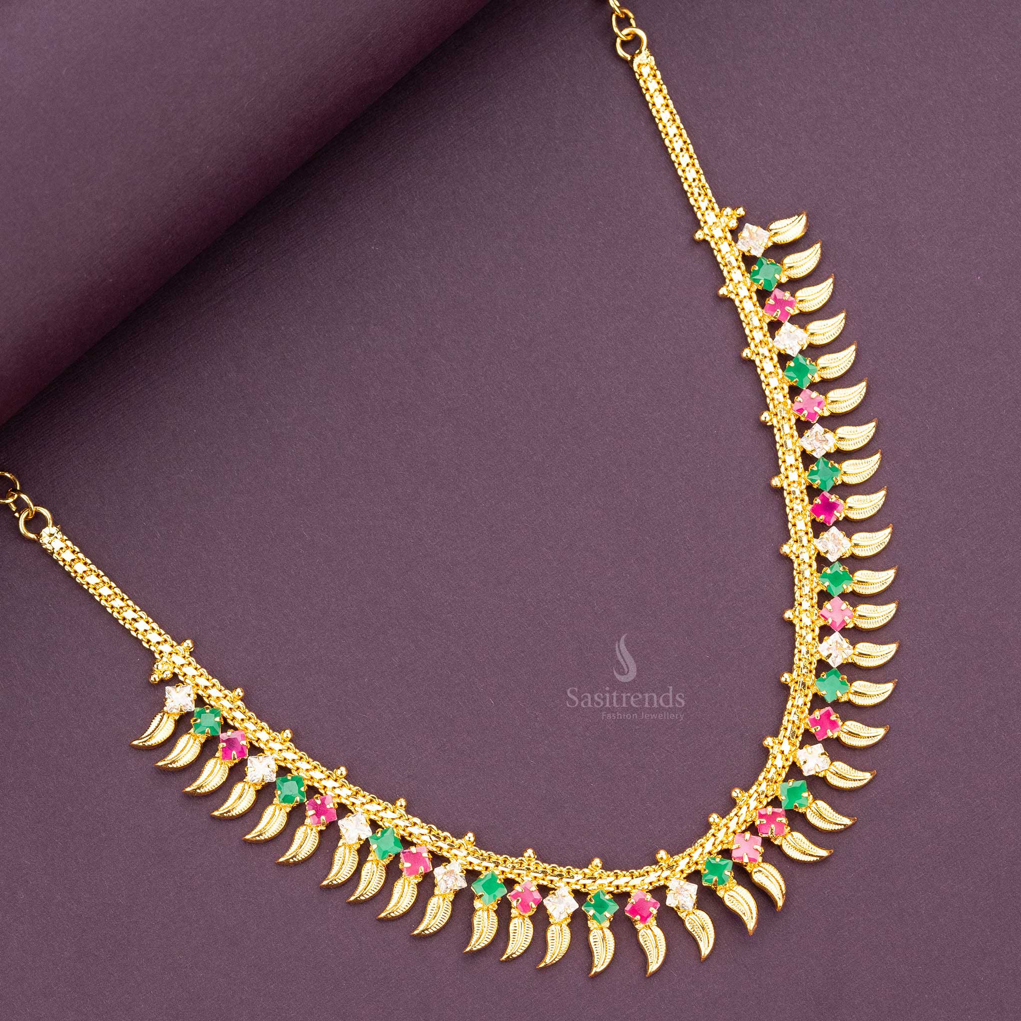 Sasitrends | Traditional Micro Gold-Plated AD Stone Kerala Elegance Necklace with Leaf Pattern Design - Image 2