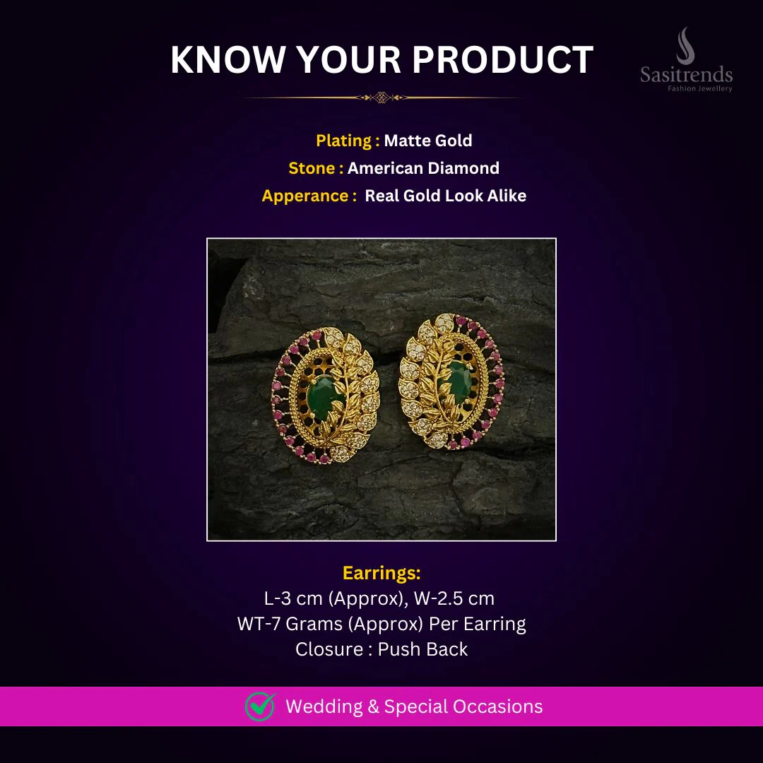 Radiant Leaf Reflection Temple Matte Gold Plated AD Oval Shaped Stud Earrings | Sasitrends - Image 2