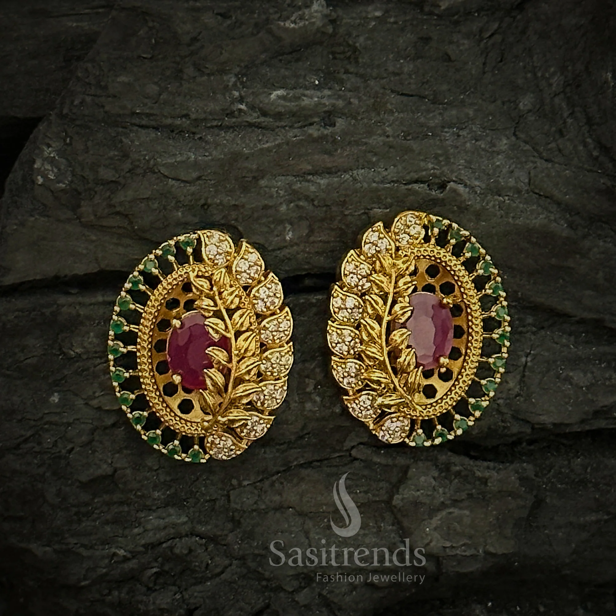 Radiant Leaf Reflection Temple Matte Gold Plated AD Oval Shaped Stud Earrings | Sasitrends - Image 3