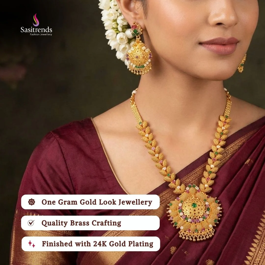 Exquisite Leaf Net Design Micro Gold Plated Necklace Jewellery Set with AD Stones - Image 2