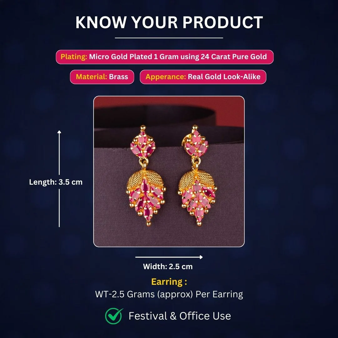 Leafy Drop Designer - Micro Gold Plated AD Stone Studded Earrings | Sasitrends - Image 2