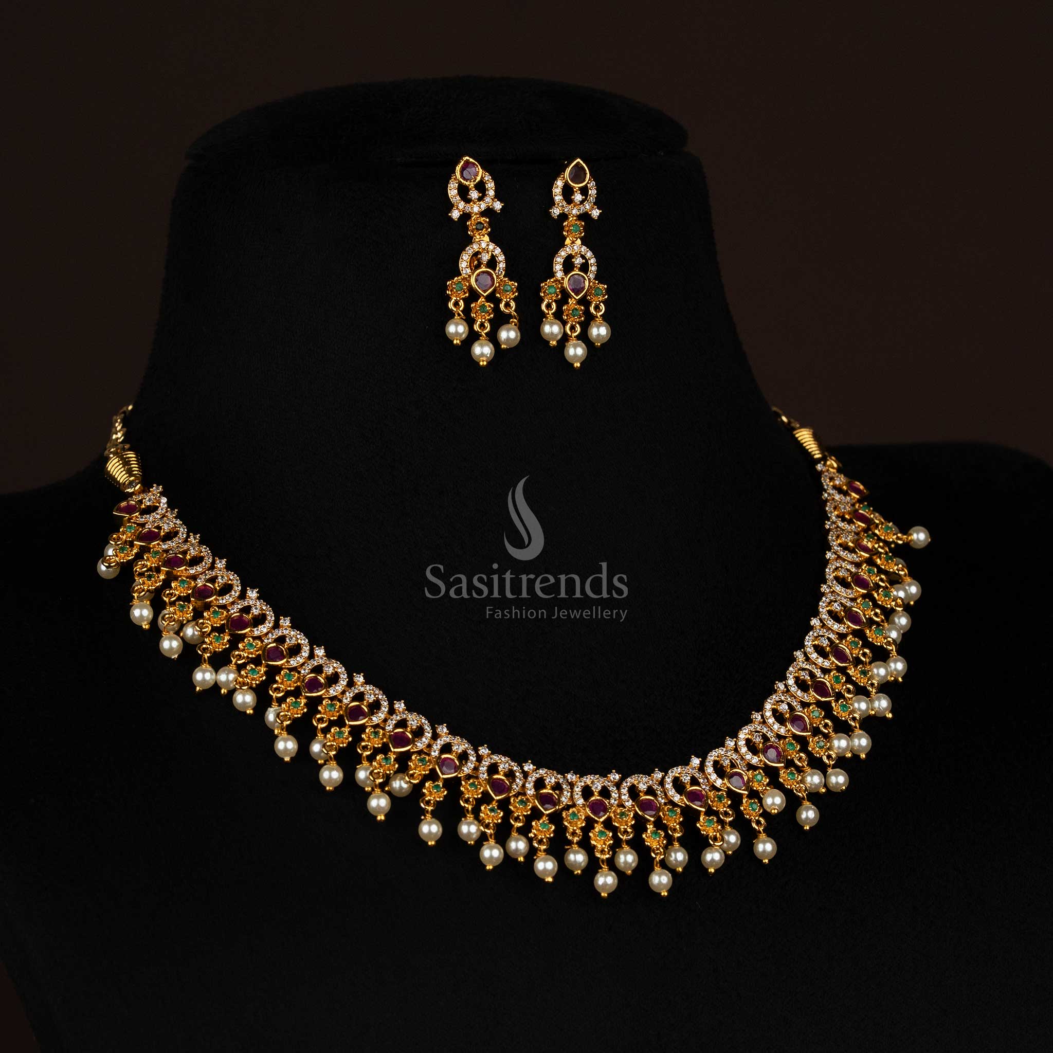 Trendy Necklace With Long Haram Party Wear Necklace Jewellery Set | Matte Gold Plated Floral AD Jewellery for Women | Sasitrends