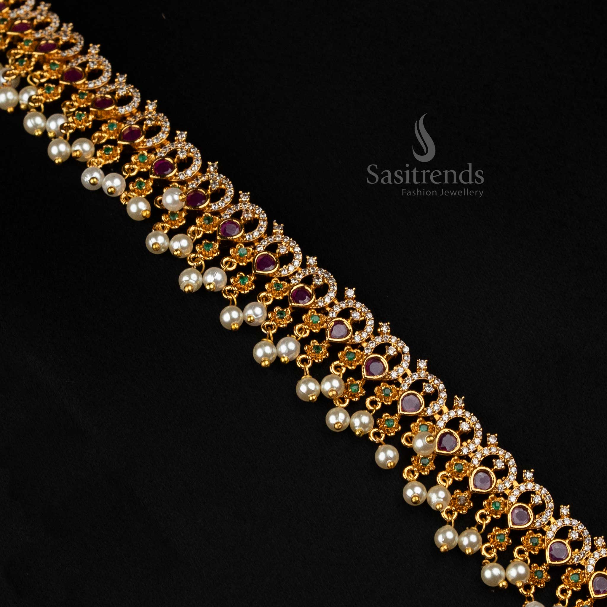 Trendy Necklace With Long Haram Party Wear Necklace Jewellery Set | Matte Gold Plated Floral AD Jewellery for Women | Sasitrends - Image 12